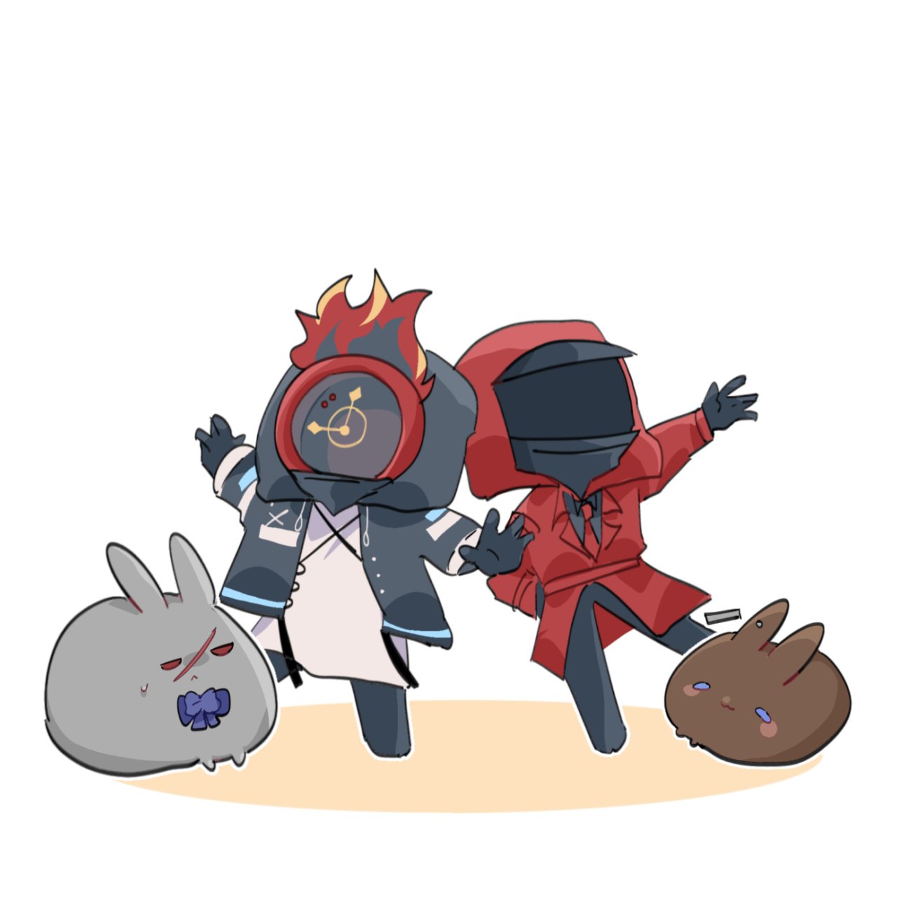 amiya (arknights), dante (limbus company), doctor (arknights), vergilius (project moon), arknights, limbus company, project moon, highres, 1boy, 1girl, 2others, blush, crossover, gre gre3, hood, multiple others, object head, rabbit, white background