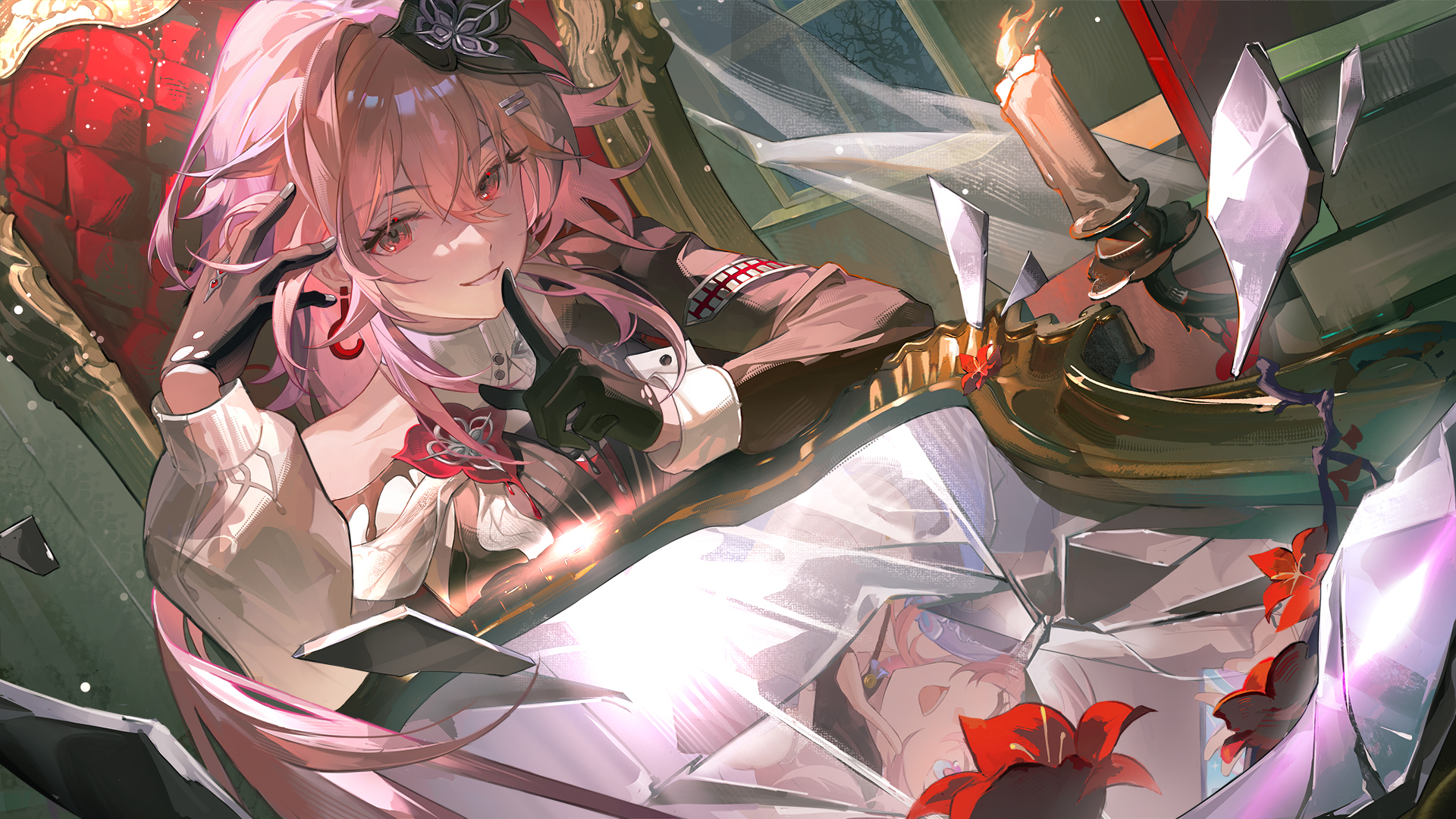 maipianvale, evernight (honkai: star rail), march 7th (honkai: star rail), march 7th (preservation) (honkai: star rail), honkai: star rail, honkai (series), highres, 1girl, black dress, black gloves, broken mirror, candle, chair, different reflection, dress, earrings, finger to mouth, flower, glass shards, gloves, hair flower, hair ornament, indoors, jewelry, long hair, mirror, on chair, pink hair, red eyes, reflection, shushing, sitting, solo, very long hair