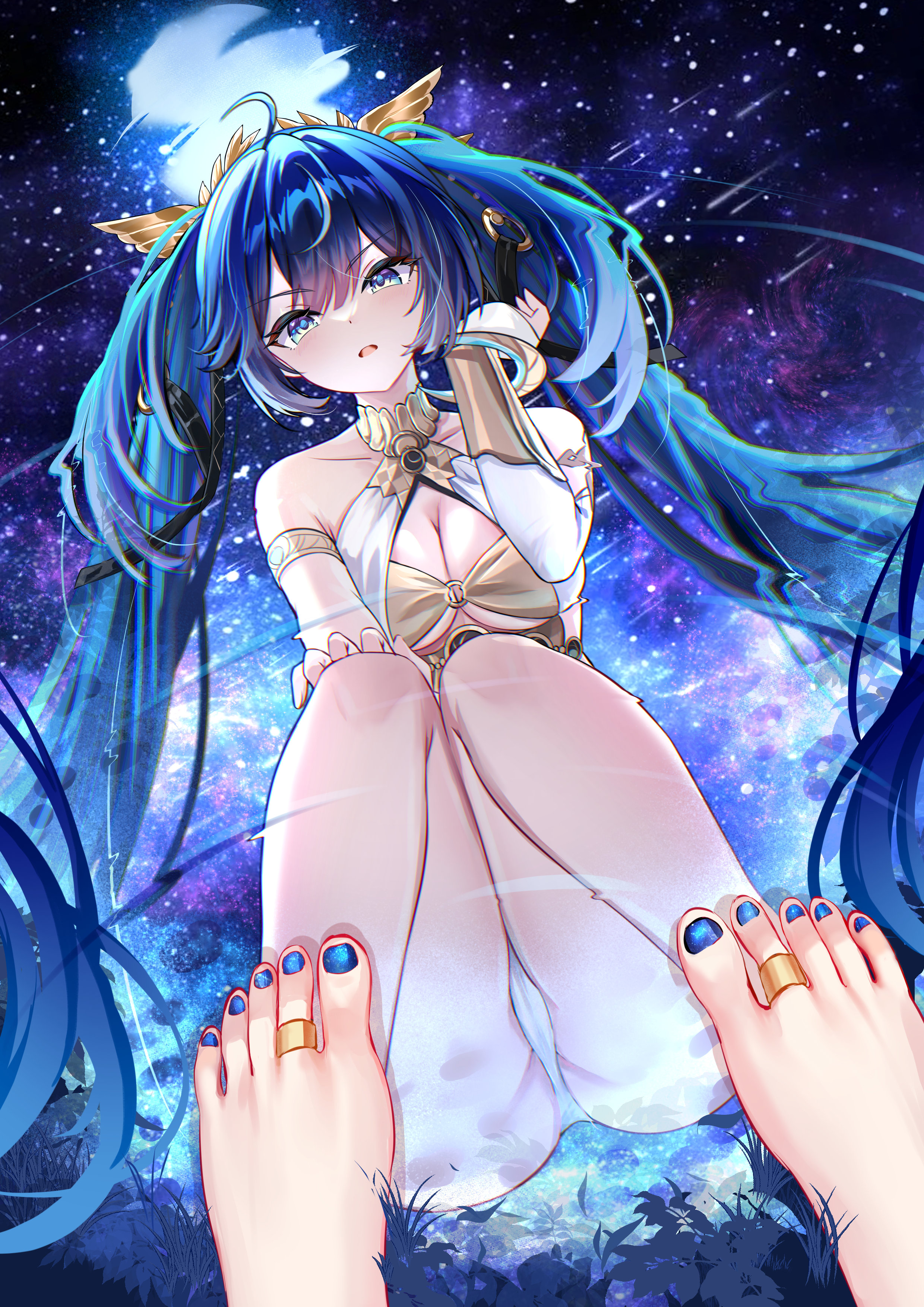 akusamu, iuno (wuthering waves), wuthering waves, absurdres, commentary, highres, 1girl, ahoge, armlet, barefoot, blue eyes, blue hair, blue nails, breasts, cleavage, feet, galaxy, gold bra, hair belt, hand up, jewelry, laurel crown, long hair, looking at reflection, looking at viewer, medium breasts, multicolored hair, nail polish, parted lips, reflection, reflection focus, ripples, solo, squatting, streaked hair, thighs, toe ring, toenail polish, toenails, toes, twintails, vambraces, very long hair
