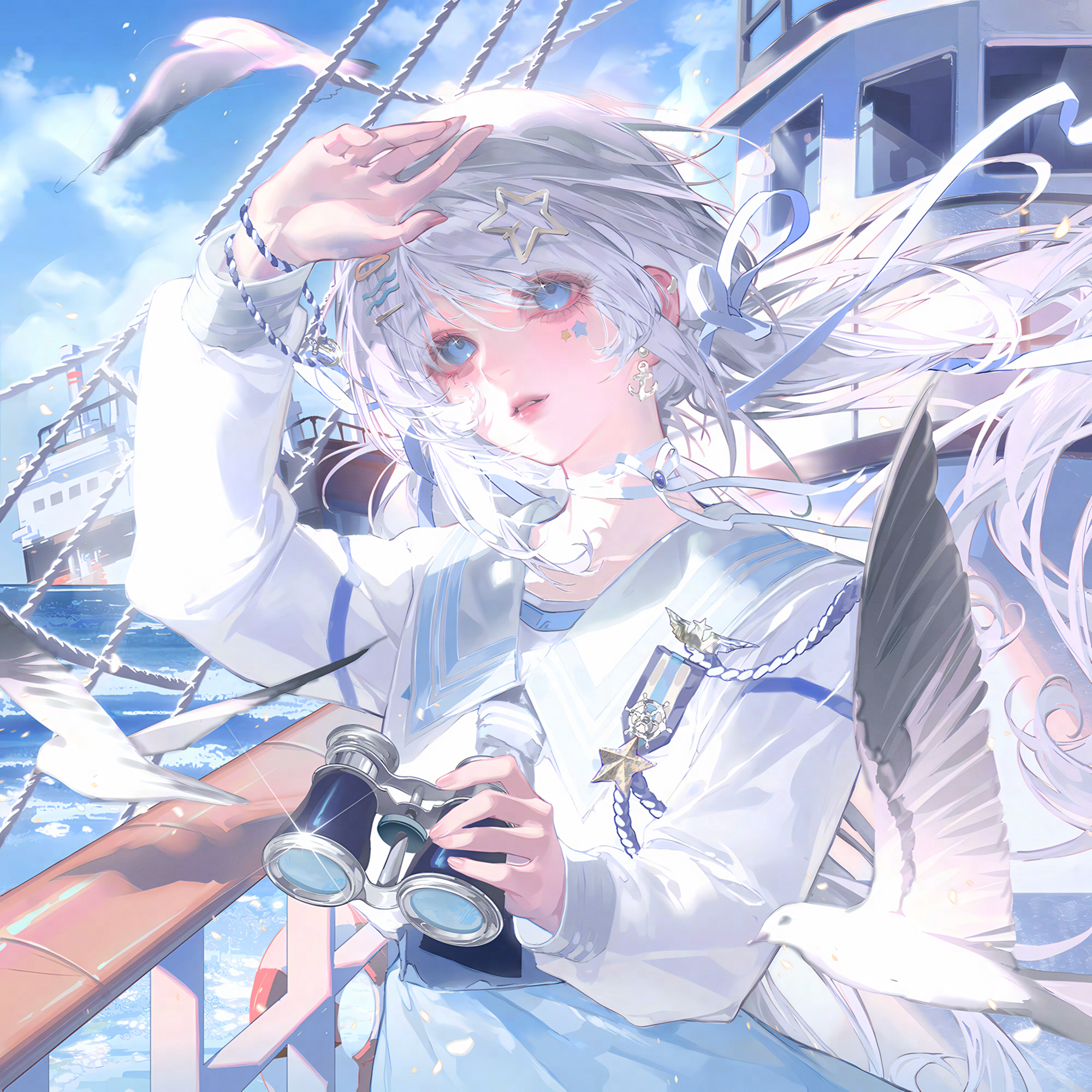 tai01, original, highres, large variant set, variant set, 1girl, arm up, binoculars, bird, blue eyes, blue sky, boat, camera, choker, cloud, day, facial mark, floating hair, hair ornament, holding, holding camera, jewelry, long hair, long sleeves, looking at viewer, ocean, outdoors, parted lips, ribbon, sailor collar, seagull, ship, shirt, sky, solo, star (symbol), star hair ornament, star symbol, upper body, watercraft, white hair, white shirt