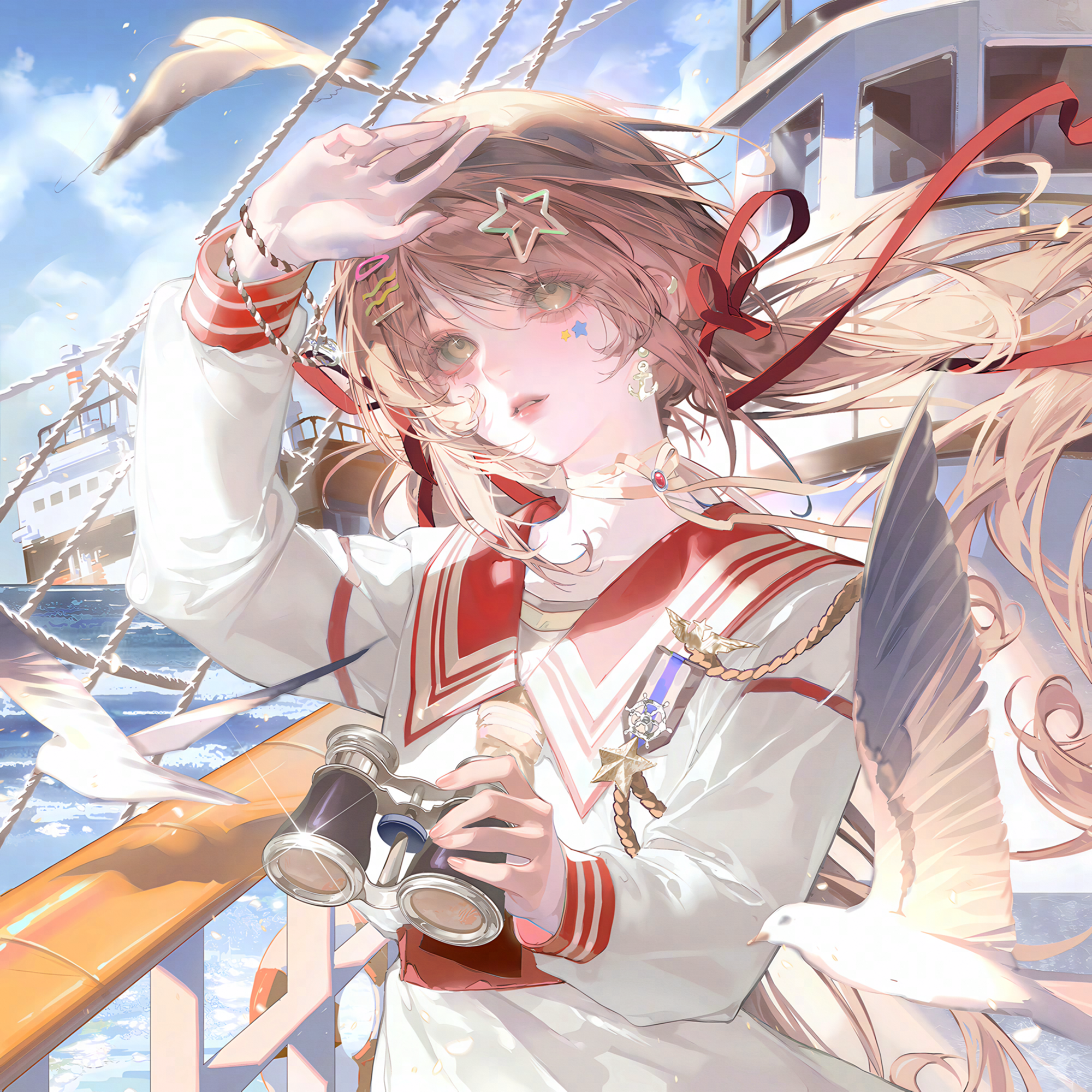 tai01, original, highres, large variant set, variant set, 1girl, arm up, binoculars, bird, blue sky, brown hair, camera, cloud, day, floating hair, green eyes, hair ornament, hair ribbon, holding, jewelry, long hair, long sleeves, looking at viewer, outdoors, parted lips, red ribbon, ribbon, sailor collar, school uniform, seagull, ship, shirt, sky, solo, star (symbol), star hair ornament, star symbol, twintails, upper body, water, watercraft, white shirt
