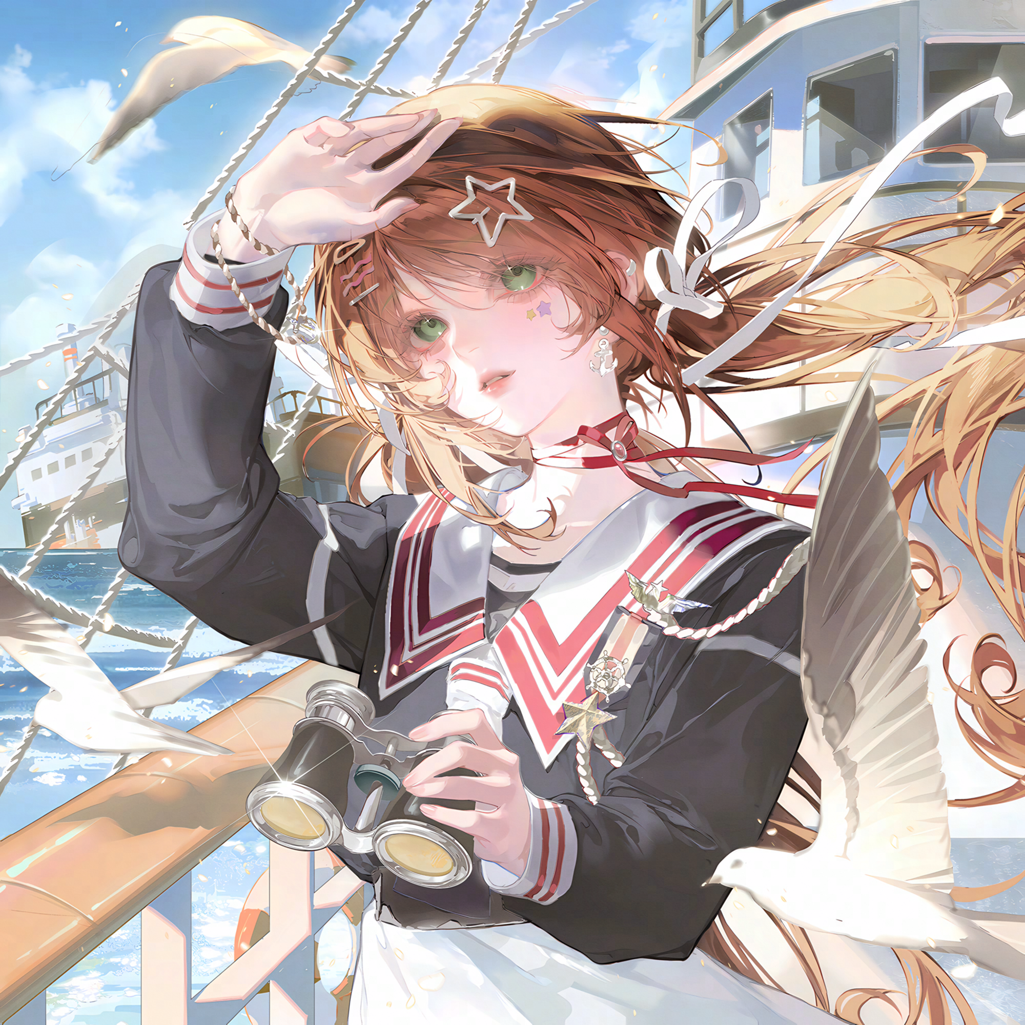 tai01, original, highres, large variant set, variant set, 1girl, aqua hair, arm up, binoculars, bird, blue sky, boat, bracelet, camera, choker, cloud, day, facial mark, floating hair, hair ornament, hair ribbon, holding, jewelry, long hair, long sleeves, looking at viewer, outdoors, parted lips, purple eyes, ribbon, sailor collar, seagull, ship, shirt, sky, solo, star (symbol), star hair ornament, star symbol, twintails, upper body, water, watercraft, white shirt