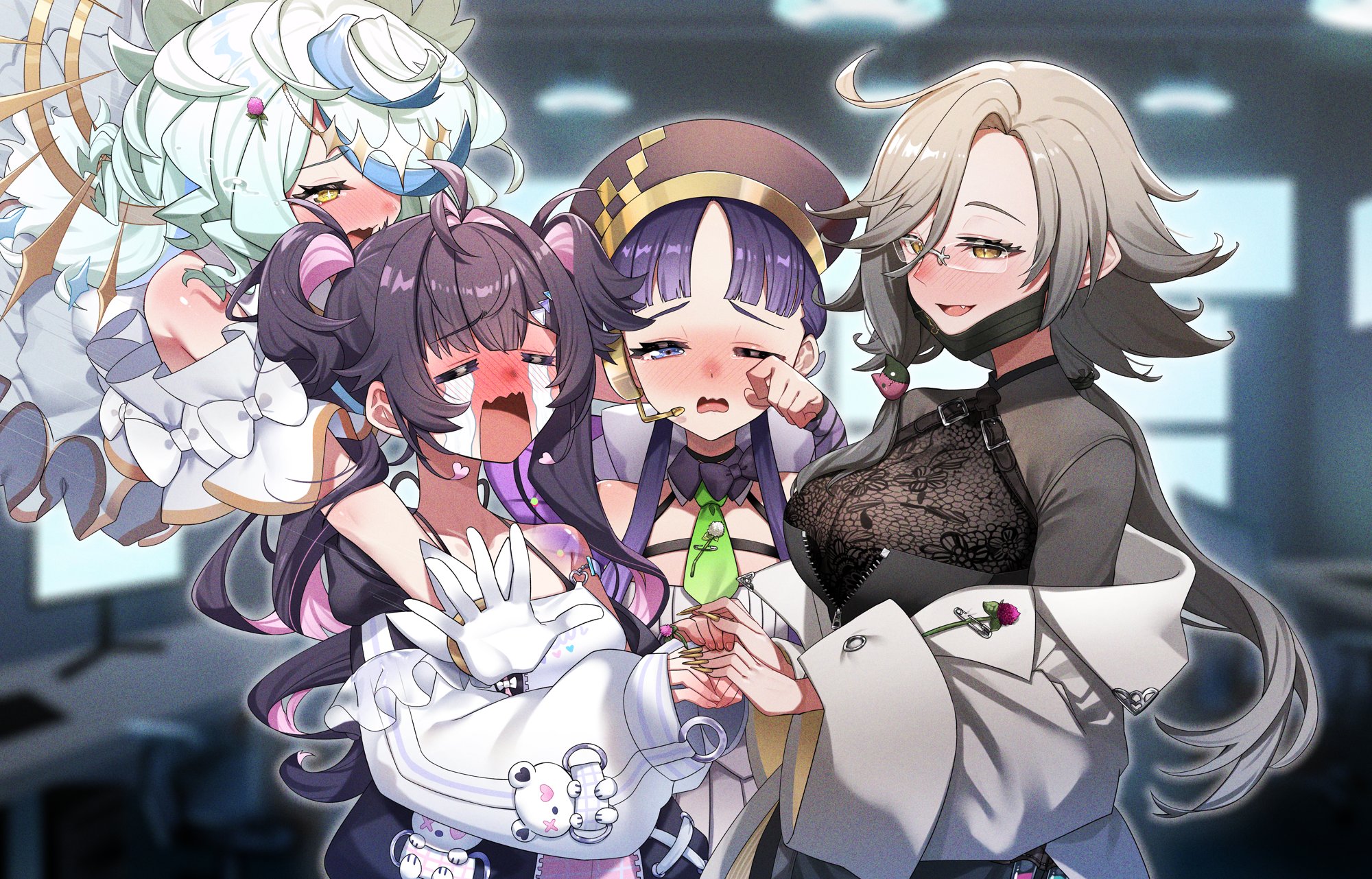 sui hi sf, highres, 4girls, ahoge, akashi niko, black bow, black bowtie, black collar, black hair, blue eyes, blue hair, blush, bow, bowtie, breasts, cat hair ornament, collar, colored inner hair, crying, fang, fumizuki kanna, glasses, gloves, green necktie, grey hair, hair between eyes, hair ornament, halo, long hair, mirumika utsutsu, multicolored hair, multiple girls, necktie, one eye closed, open mouth, pink hair, purple hair, smile, sparkle kirara (vtuber), streaked hair, streaming tears, tears, vebop project, virtual youtuber, white bow, white gloves, yellow eyes, yellow nails, zipper, zipper pull tab