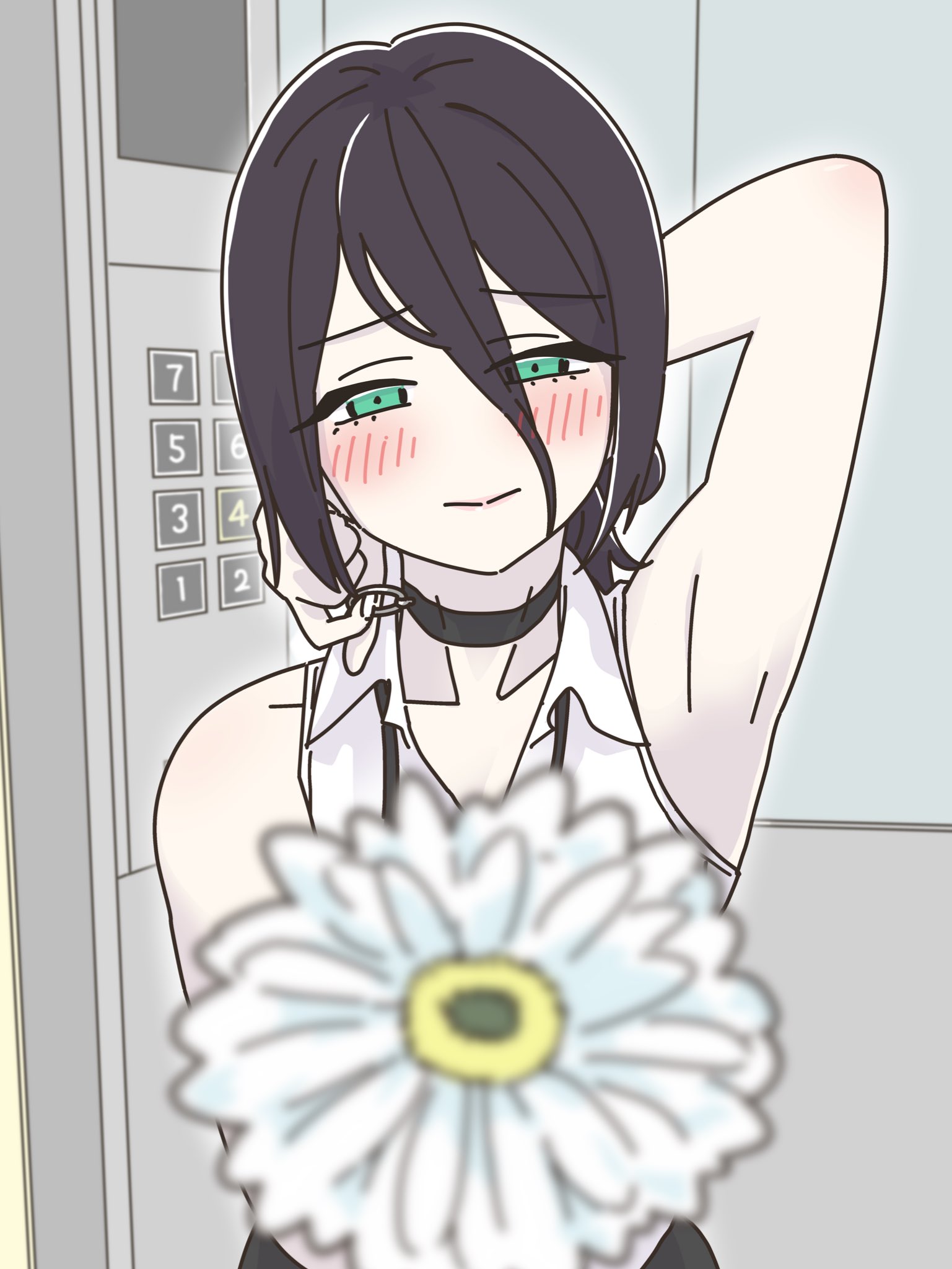 kazkitashima, reze (chainsaw man), chainsaw man, highres, 1girl, arm behind head, black choker, black hair, blurry, blurry foreground, blush, choker, collared shirt, elevator, flower, green eyes, grenade pin, hair between eyes, hair bun, shirt, short hair, sleeveless, sleeveless shirt, solo, white shirt