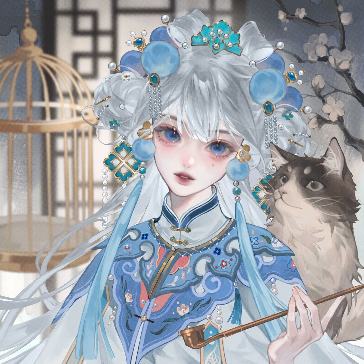 tai01, original, highres, large variant set, variant set, 1girl, blue eyes, blue hair, branch, chinese clothes, flower, hair ornament, holding, jewelry, long hair, looking at viewer, mole, mole under eye, multicolored hair, smoking pipe, solo, upper body, white hair