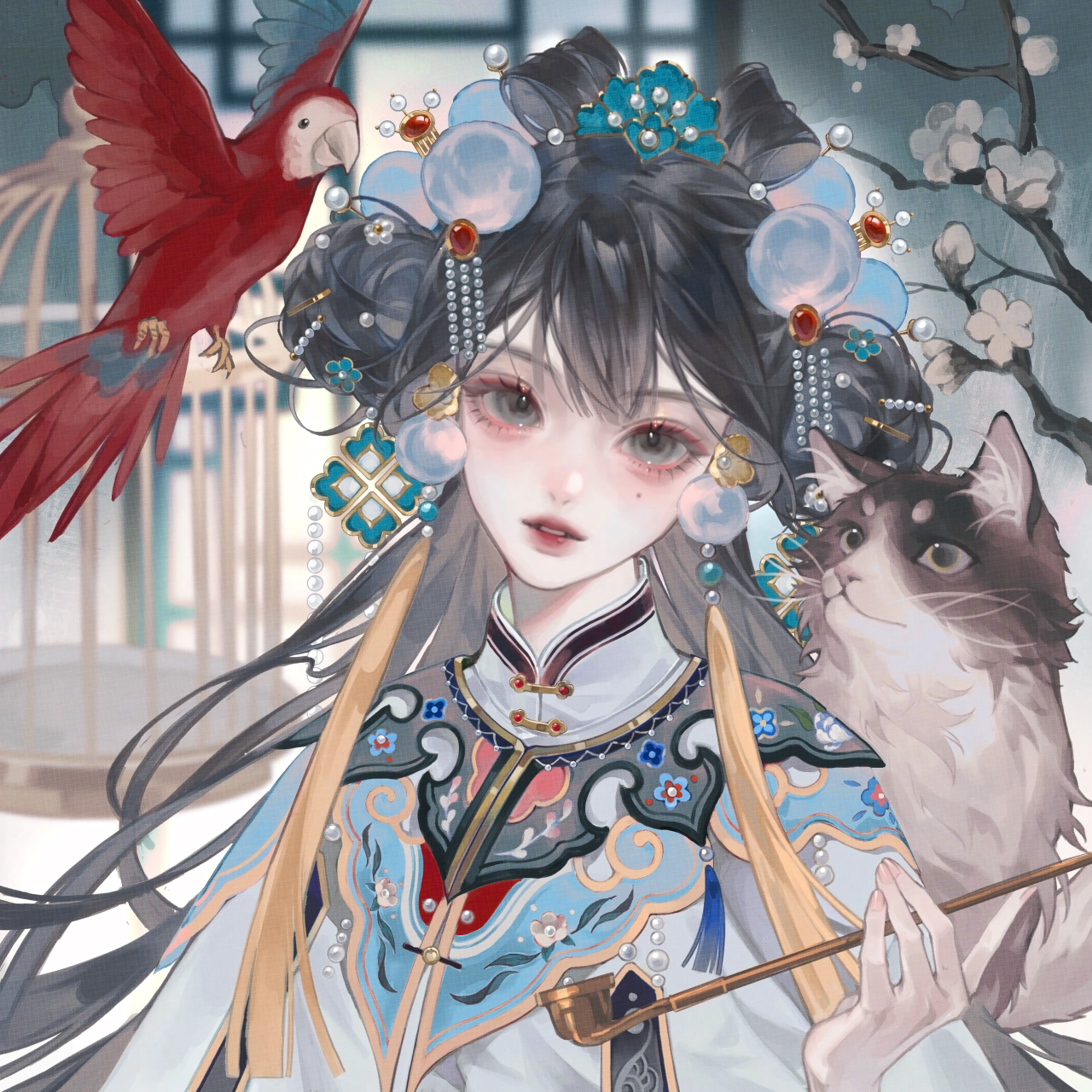 tai01, original, highres, large variant set, variant set, 1girl, bird, black hair, branch, cat, chinese clothes, flower, hair ornament, hair rings, holding, jewelry, long hair, looking at viewer, mole, mole under eye, solo, upper body