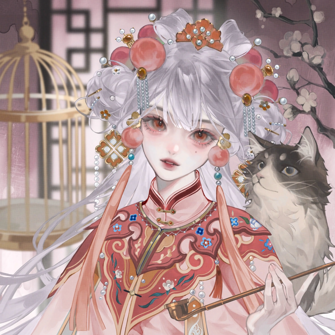 tai01, original, highres, large variant set, variant set, 1girl, animal, cat, chinese clothes, flower, hair ornament, holding, jewelry, long hair, looking at viewer, solo, upper body, white hair