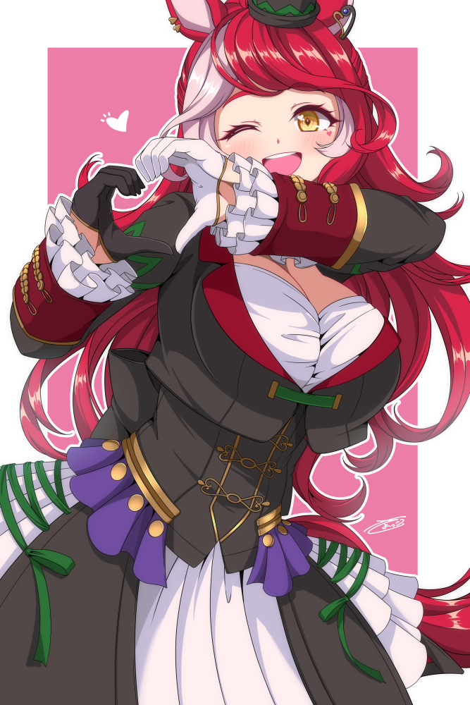 sayossa (pak-front), loves only you (umamusume), umamusume, commentary request, animal ears, blush, breasts, cleavage, gloves, hair ornament, heart, heart hands, horse ears, horse girl, horse tail, large breasts, long hair, looking at viewer, one eye closed, simple background, swept bangs, tail, teeth, upper teeth only