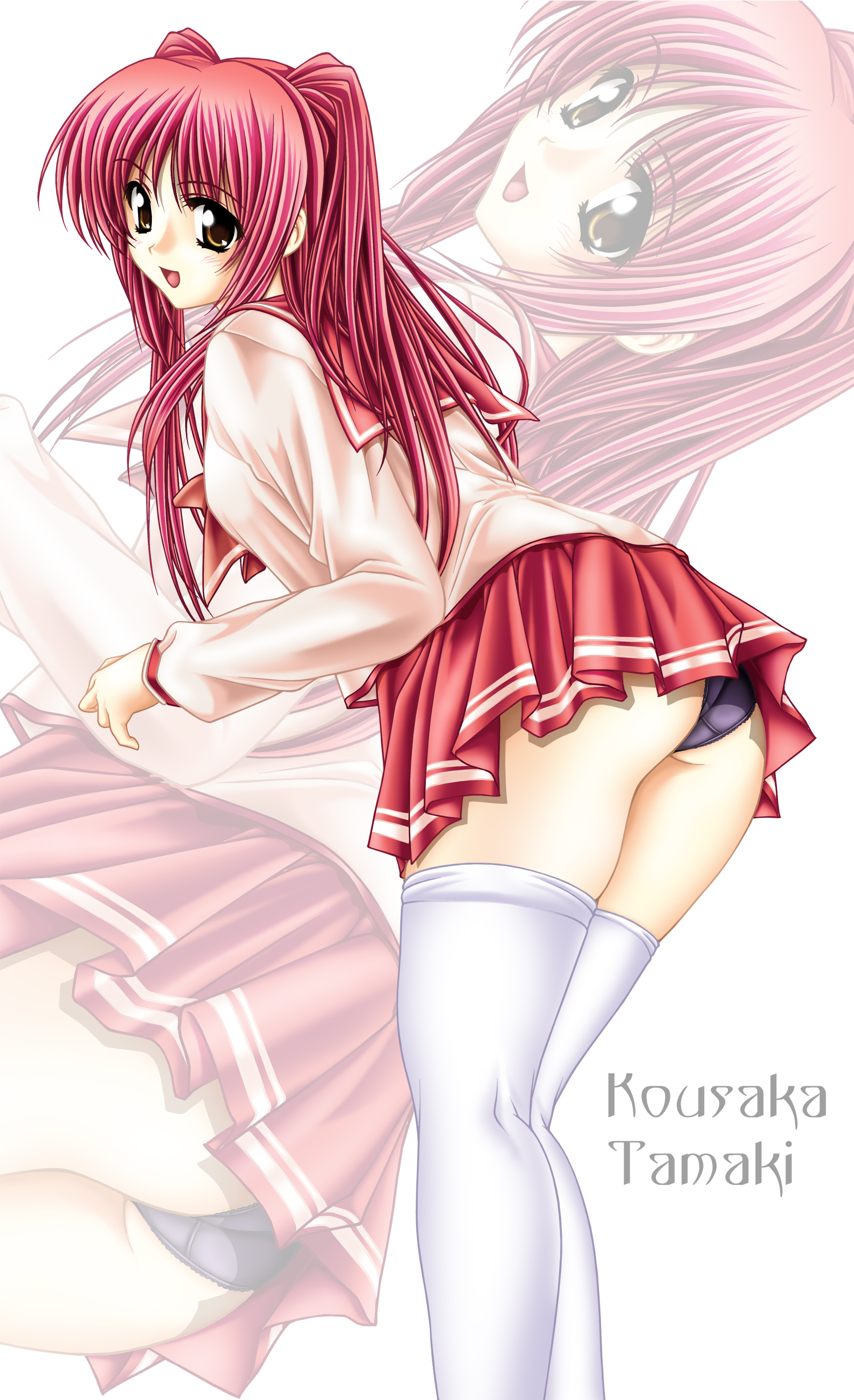 tomoya kankurou, kousaka tamaki, to heart (series), to heart 2, absurdres, highres, 00s, 1girl, black panties, character name, female focus, panties, red hair, school uniform, serafuku, solo, thighhighs, underwear, white thighhighs, yellow eyes, zoom layer