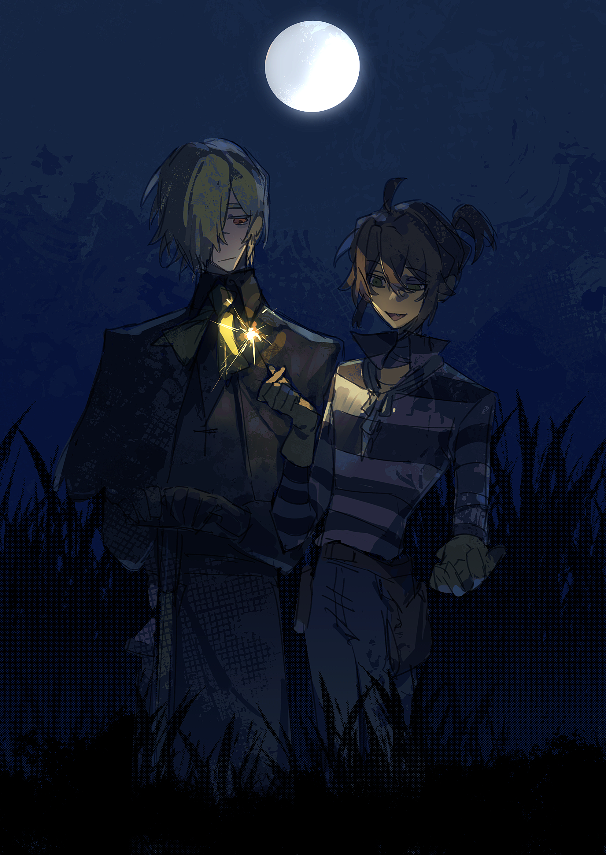 andrew kreiss, luca balsa, identity v, absurdres, highres, 2boys, :d, ahoge, ascot, bandaged neck, bandages, belt, black capelet, black robe, blonde hair, blue pants, brown gloves, brown hair, bruise, bruised eye, capelet, expressionless, fang, fireworks, full moon, gloves, grass, green ascot, green eyes, hair between eyes, hair over one eye, half-closed eye, hit-hit, holding, holding fireworks, injury, looking at object, male focus, moon, multiple boys, night, open mouth, pants, party popper, ponytail, red eyes, robe, shirt, short ponytail, smile, sparkler, standing, striped clothes, striped shirt, tall grass, uneven eyes