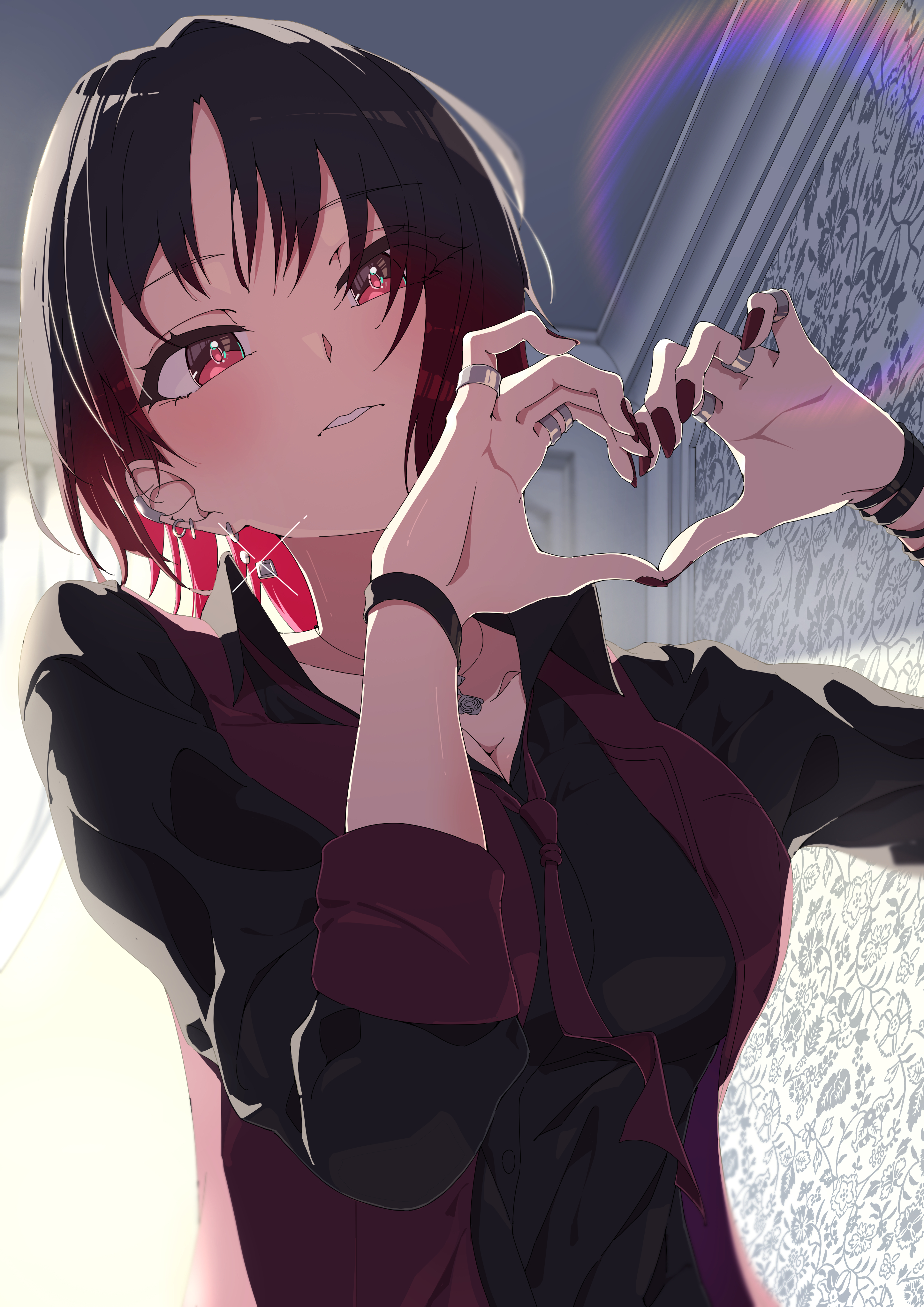 koharu ( koharub1yori ), kisaragi ren (vtuber), iris black games, vspo!, absurdres, highres, 1girl, black hair, black shirt, blush, bracelet, breasts, cleavage, collared shirt, earrings, fingernails, gradient hair, head tilt, heart, heart hands, jewelry, multicolored hair, necktie, red eyes, red hair, red nails, red necktie, red vest, ring, shirt, short hair, sleeves rolled up, solo, upper body, vest, virtual youtuber