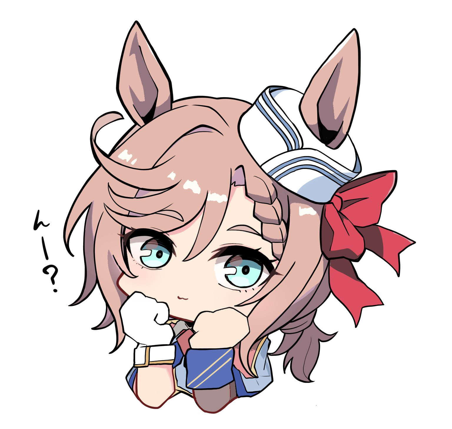 kawamochi (tddm3573), venus paques (umamusume), umamusume, highres, translation request, 1girl, :3, blue eyes, bow, braid, braided bangs, brown hair, chibi, cropped torso, ears through headwear, gloves, grey jacket, hair between eyes, hands up, hat, hat bow, jacket, looking at viewer, mini hat, red bow, short eyebrows, simple background, single glove, solo, thick eyebrows, tilted headwear, upper body, white background, white gloves, white hat