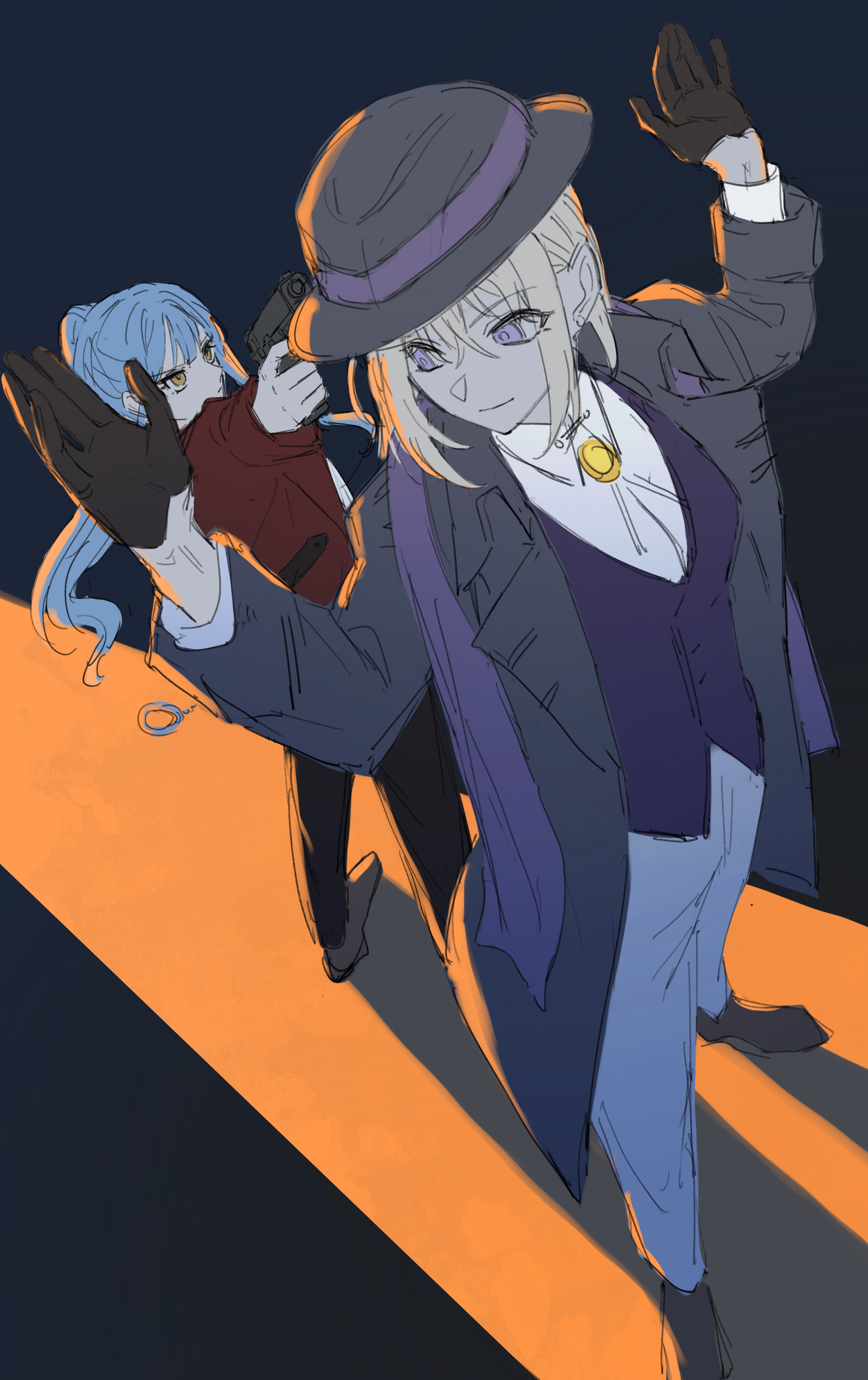omo cccc, misumi uika, togawa sakiko, bang dream!, bang dream! it's mygo!!!!!, absurdres, chinese commentary, commentary request, highres, 2girls, black coat, black gloves, black hat, blonde hair, blue hair, blue pants, blue vest, brooch, coat, finger on trigger, gloves, gun, hair between eyes, handgun, hands up, hat, holding, holding gun, holding weapon, jacket, jewelry, long hair, medium hair, multiple girls, open clothes, open coat, pants, ponytail, purple eyes, red jacket, shirt, surrendering, vest, weapon, white shirt