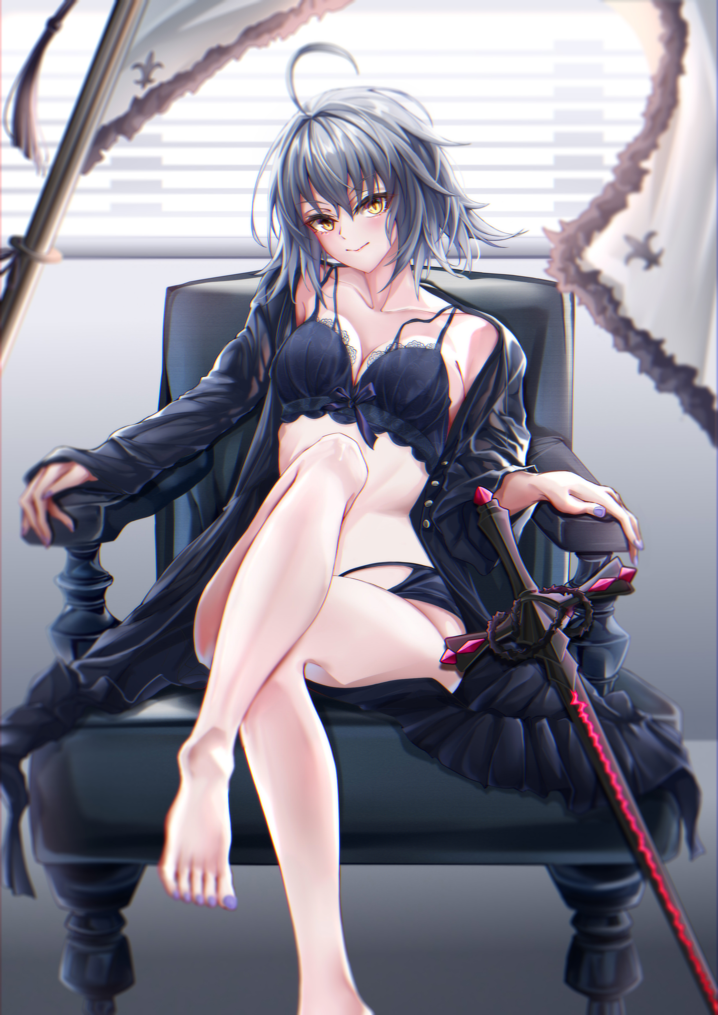 miying (13975192760), jeanne d'arc alter (fate), fate/grand order, fate (series), absurdres, commentary request, highres, 1girl, ahoge, alternate costume, barefoot, black bra, black panties, blush, bra, chair, fingernails, flag, grey hair, indoors, jacket, open clothes, open jacket, panties, purple nails, short hair, sitting, solo, sword, toenails, toes, underwear, weapon, white flag, yellow eyes