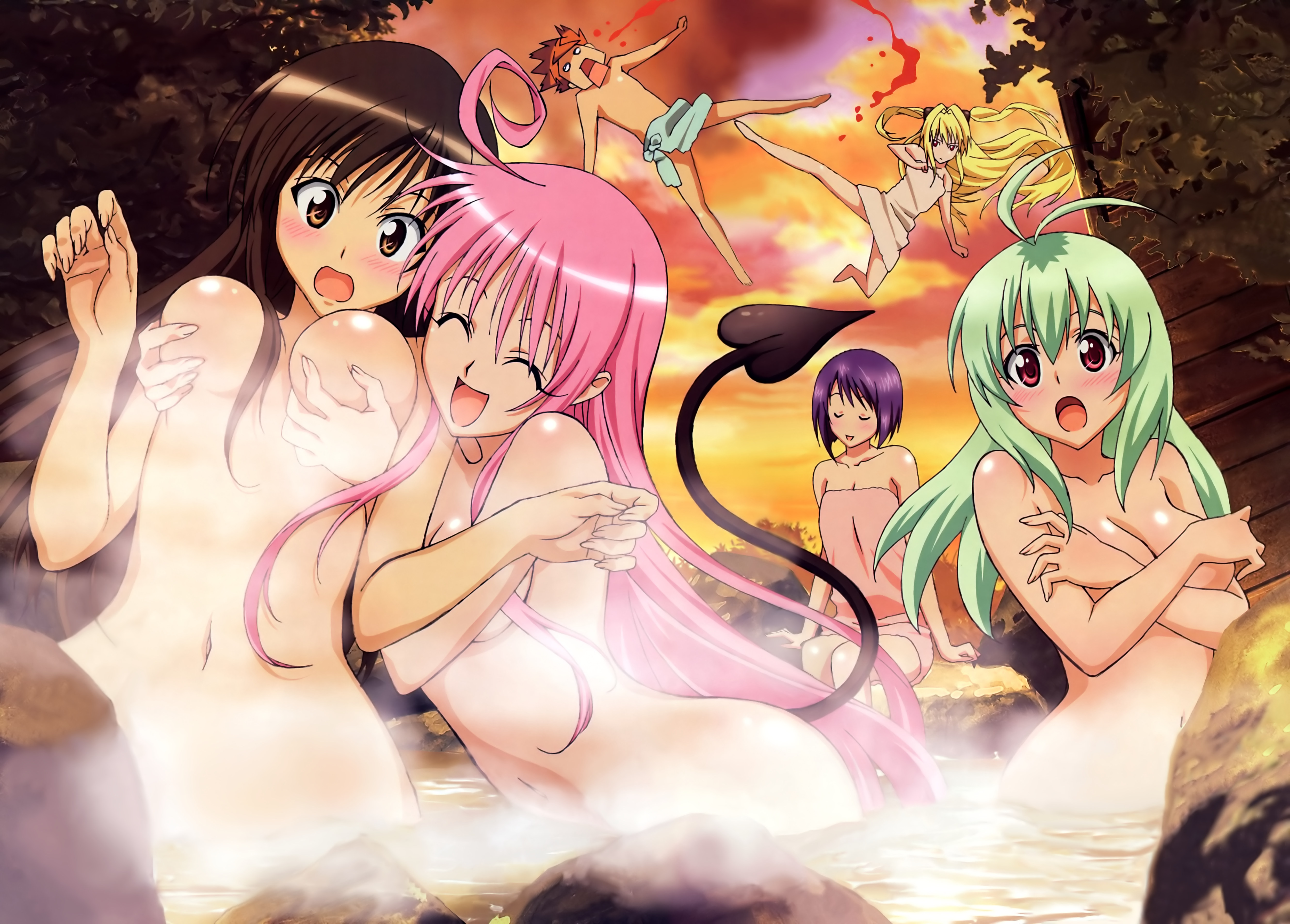 suwa masahiro, takami akio, konjiki no yami, kotegawa yui, lala satalin deviluke, run elsie jewelria, sairenji haruna, yuuki rito, to love-ru, absurdres, detexted, highres, official art, scan, third-party edit, 00s, 1boy, 5girls, ^ ^, ahoge, antenna hair, barefoot, black hair, blonde hair, blood, blue hair, blush, bob cut, breasts, brown eyes, brown hair, censored, cleavage, closed eyes, cloud, cloudy sky, convenient censoring, covering breasts, covering privates, crossed arms, demon tail, embarrassed, floating hair, flying, flying kick, grabbing another's breast, grabbing from behind, green hair, groin, groping, hair ornament, kicking, leaning forward, long hair, looking at viewer, multiple girls, naked towel, navel, no nipples, nosebleed, nude, nude cover, o o, onsen, orange eyes, orange hair, outdoors, pink hair, public indecency, purple eyes, red eyes, rock, short hair, sidelocks, sitting, sky, small breasts, soaking feet, spiked hair, spread legs, standing, steam, steam censor, sunset, surprised, tail, topless female, towel, tree, two side up, very long hair, wading, water, wide hips, yuri