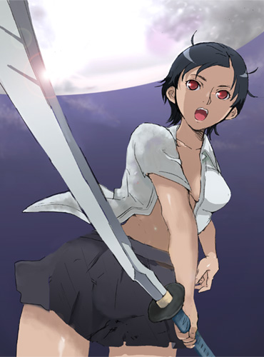 nekota (artist), nekota, blood+, lowres, 00s, 1girl, black hair, dutch angle, female focus, midriff, moon, open clothes, open shirt, red eyes, shirt, short hair, skirt, solo, sword, weapon