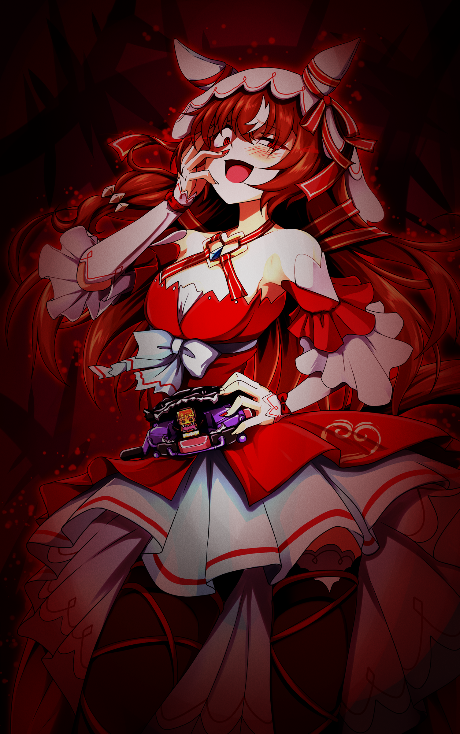 g (genesis1556), kamen rider bitter gavv, still in love (umamusume), umamusume, absurdres, commentary request, commission, highres, skeb commission, 1girl, animal ears, aura, bitter gavv, blush, breasts, brown hair, collarbone, crazy eyes, detached sleeves, hair ornament, henshin pose, horse ears, horse girl, long hair, looking at viewer, open mouth, red eyes, small breasts, solo, thighhighs, veil