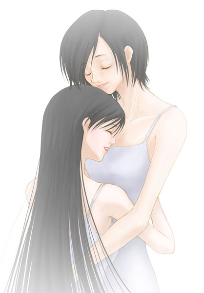 mariel (artist), diva, diva (blood+), otonashi saya, blood+, 00s, 2girls, bare shoulders, black hair, closed eyes, dress, hug, long hair, multiple girls, short hair, siblings, sisters