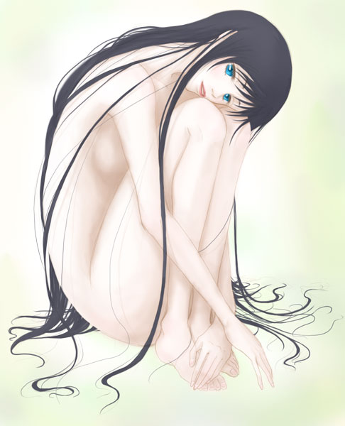mariel (artist), diva, diva (blood+), blood+, 00s, 1girl, black hair, blue eyes, female focus, fetal position, full body, long hair, nude, plantar flexion, solo, very long hair