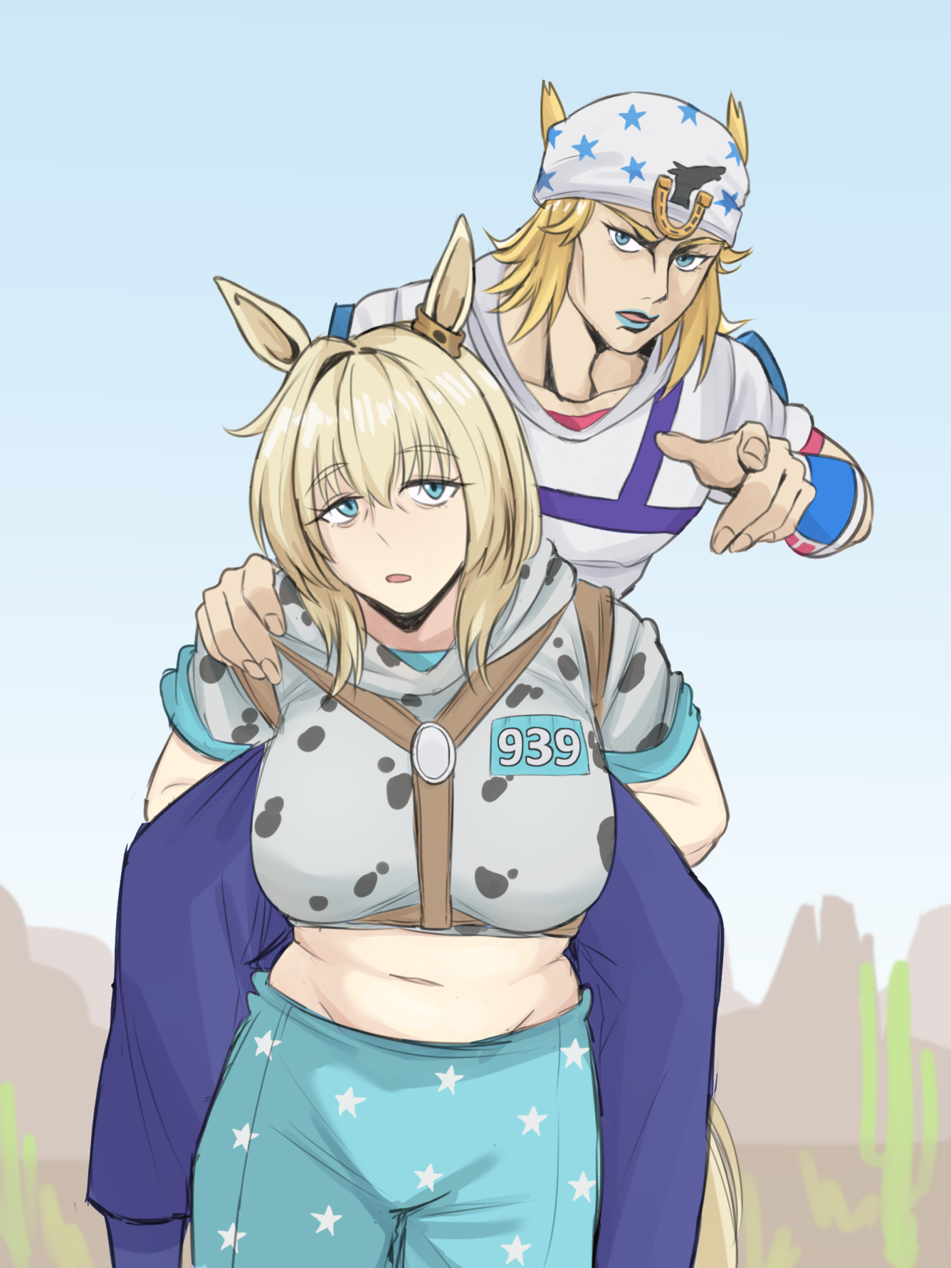 maven (madeinheaven 23), johnny joestar, slow dancer (jojo), jojo no kimyou na bouken, steel ball run, highres, 1boy, 1girl, animal ears, aqua eyes, aqua pants, blonde hair, blue pants, breasts, carrying, carrying person, day, horse ears, horse girl, horseshoe hat ornament, horseshoe ornament, large breasts, midriff, navel, outdoors, pants, personification, piggyback, short sleeves, star (symbol), star print