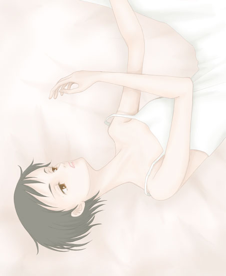 mariel (artist), otonashi saya, blood+, 00s, bare shoulders, black hair, brown eyes, dress, drest, lying, short hair, solo, strap slip