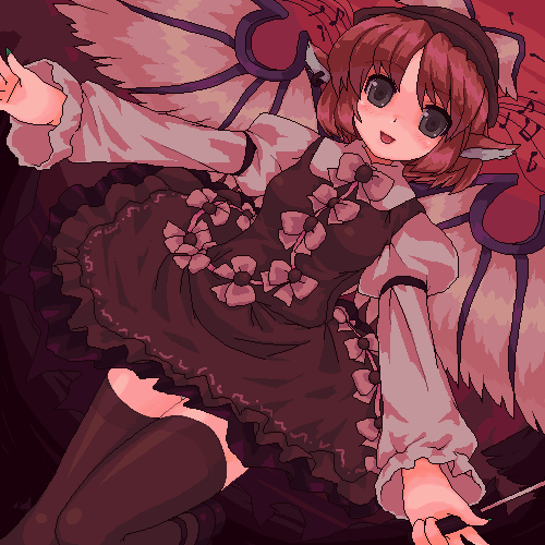 ktsecond, mystia lorelei, touhou, lowres, 1girl, animal ears, brown thighhighs, dress, female focus, grey eyes, hat, oekaki, pink hair, short hair, solo, thighhighs, wings, zettai ryouiki