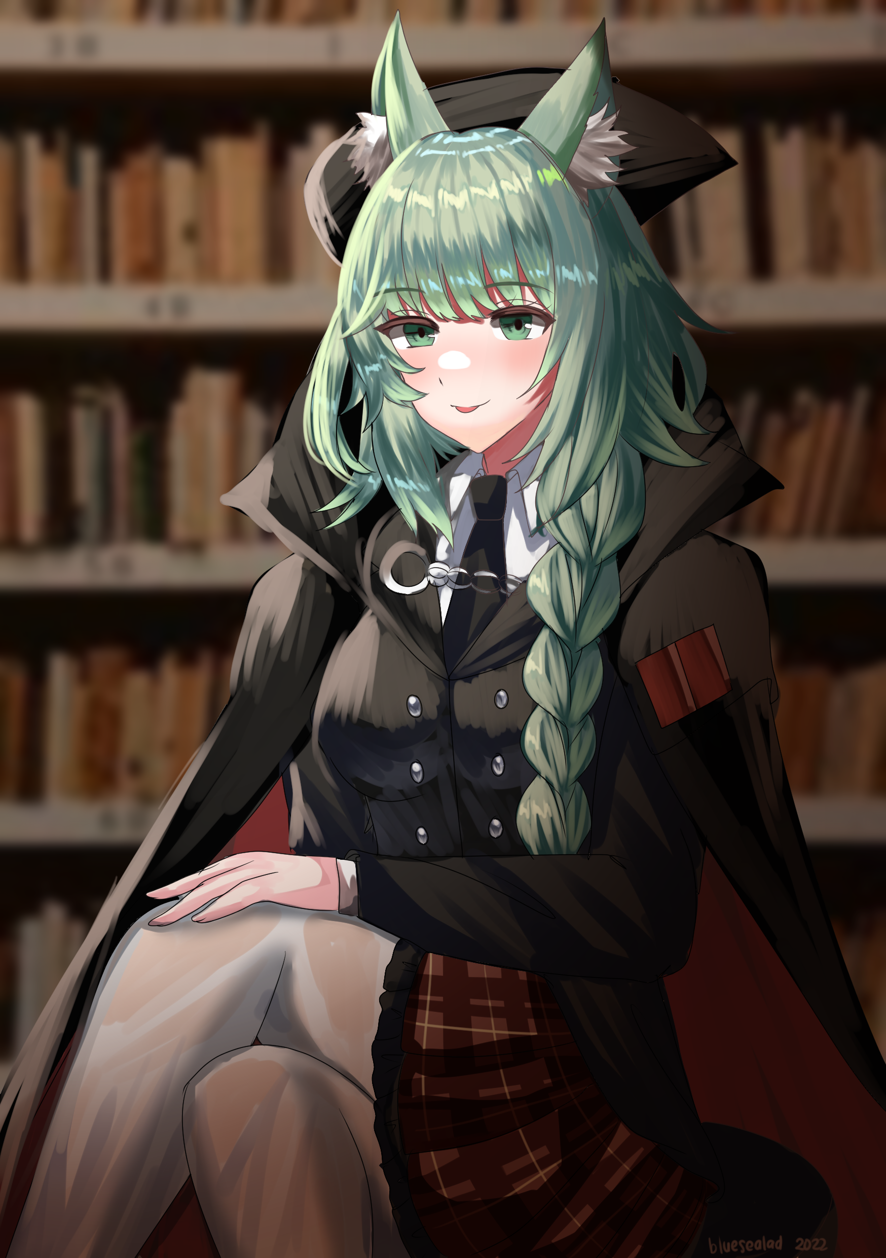 blue sealad, harmonie (arknights), harmonie (invitation) (arknights), arknights, absurdres, commentary, highres, 1girl, animal ear fluff, animal ears, artist name, black necktie, blush, bookshelf, braid, cape, cat ears, cat girl, collared shirt, crossed legs, dated, green eyes, green hair, long hair, long sleeves, looking at viewer, necktie, official alternate costume, pantyhose, plaid clothes, plaid skirt, pleated skirt, shirt, sitting, skirt, solo, tail, tongue, tongue out, white pantyhose