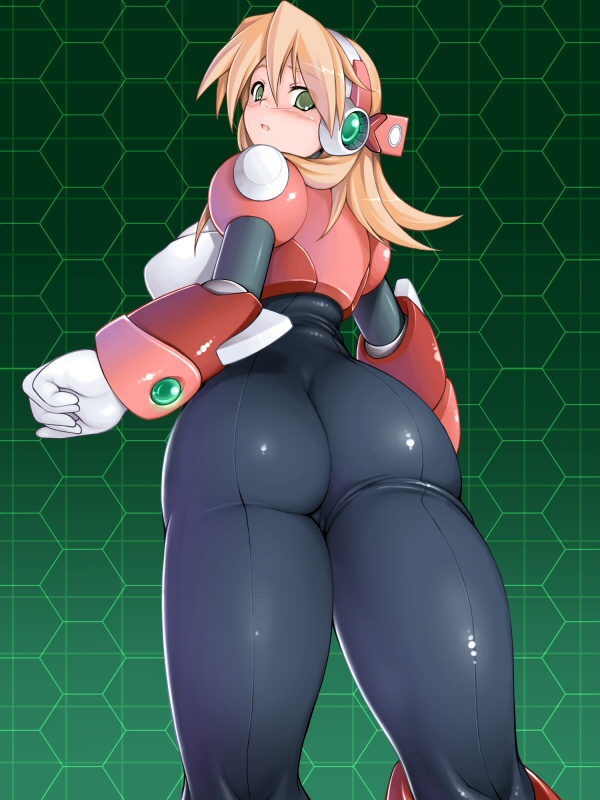 chabo (fuketsudan), alia (mega man), capcom, mega man (series), mega man x (series), 1girl, android, ass, ass focus, blonde hair, blush, female focus, from behind, green background, green eyes, honeycomb (pattern), honeycomb background, honeycomb pattern, huge ass, kneepits, looking back, solo, thick thighs, thighs