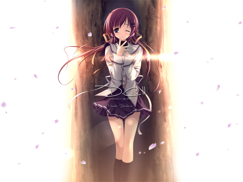 yaegashi nan, shirakawa nanaka, da capo, da capo ii, 00s, 1girl, backlighting, black socks, character name, copyright name, female focus, hair ornament, hair ribbon, long hair, one eye closed, petals, pink hair, ribbon, school uniform, serafuku, skirt, socks, solo, tears, tree, wink