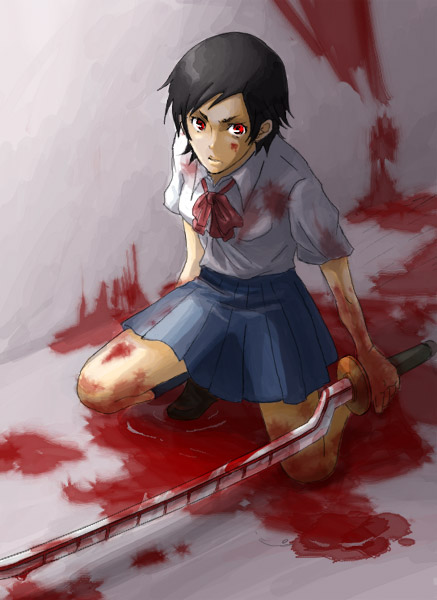 yuzunoki taro, otonashi saya, blood+, 00s, black hair, blood, bow, kneeling, red eyes, short hair, skirt, solo, sword, weapon
