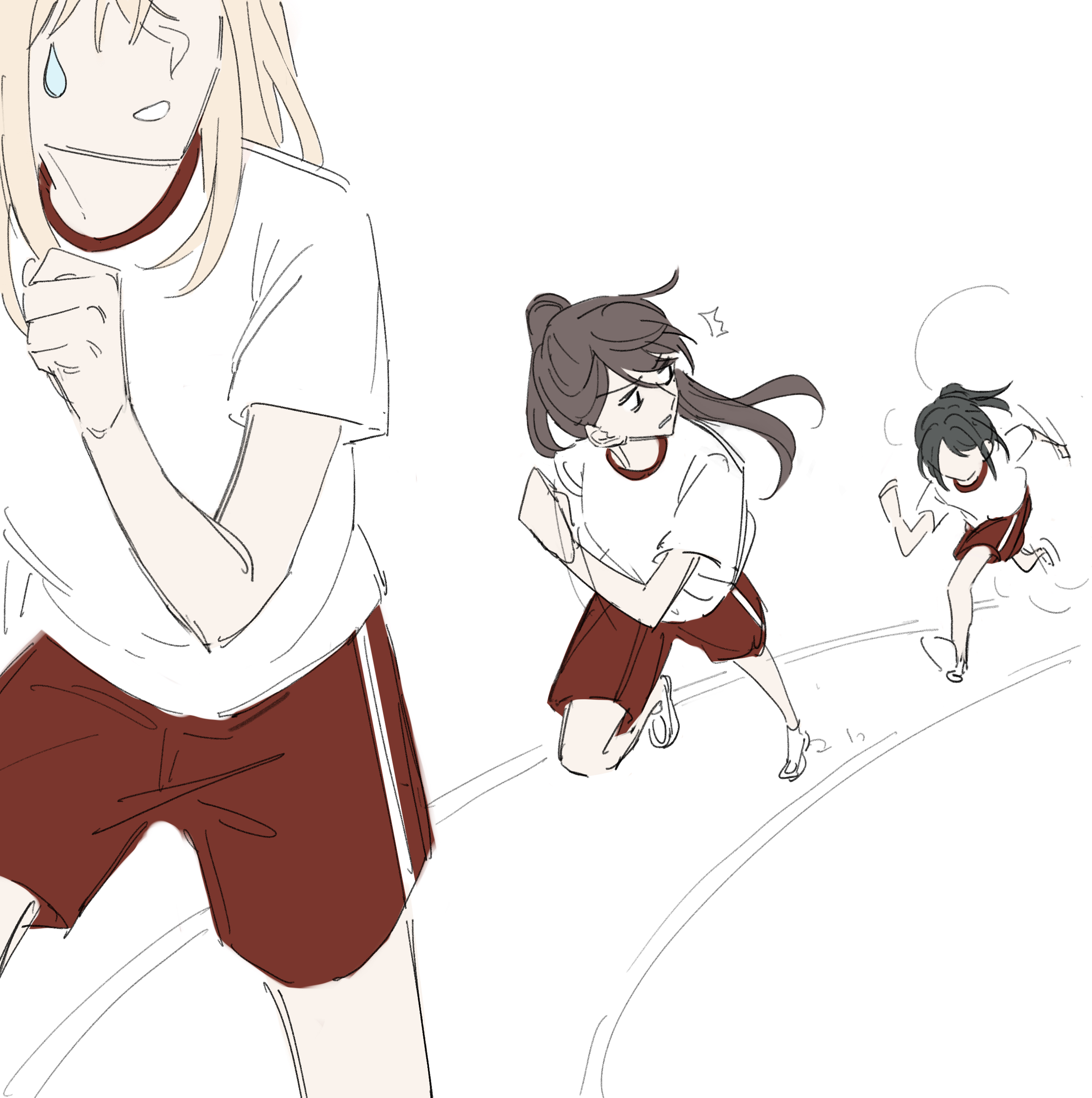 omo cccc, misumi uika, shiina taki, yahata umiri, bang dream!, bang dream! it's mygo!!!!!, absurdres, chinese commentary, commentary request, highres, 3girls, black hair, blonde hair, gym uniform, long hair, medium hair, multiple girls, open mouth, red shorts, running, shirt, shorts, sweatdrop, white shirt