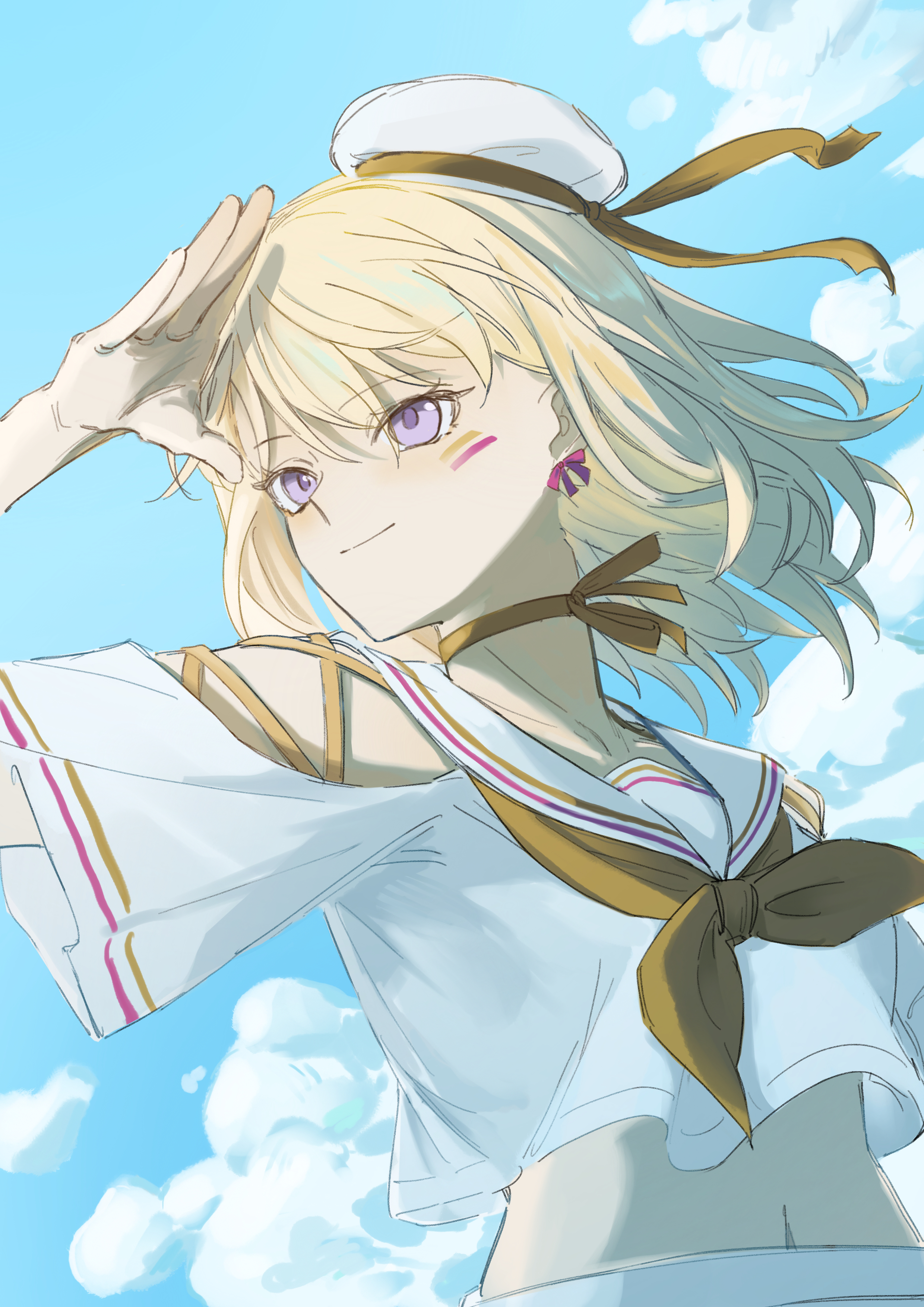 omo cccc, misumi uika, bang dream!, bang dream! it's mygo!!!!!, absurdres, chinese commentary, commentary request, highres, 1girl, blonde hair, brown neckerchief, choker, clothing cutout, floating hair, hat, medium hair, midriff, navel, neckerchief, purple eyes, ribbon choker, sailor collar, sailor shirt, shading face, shirt, short hair, shoulder cutout, solo, white hat