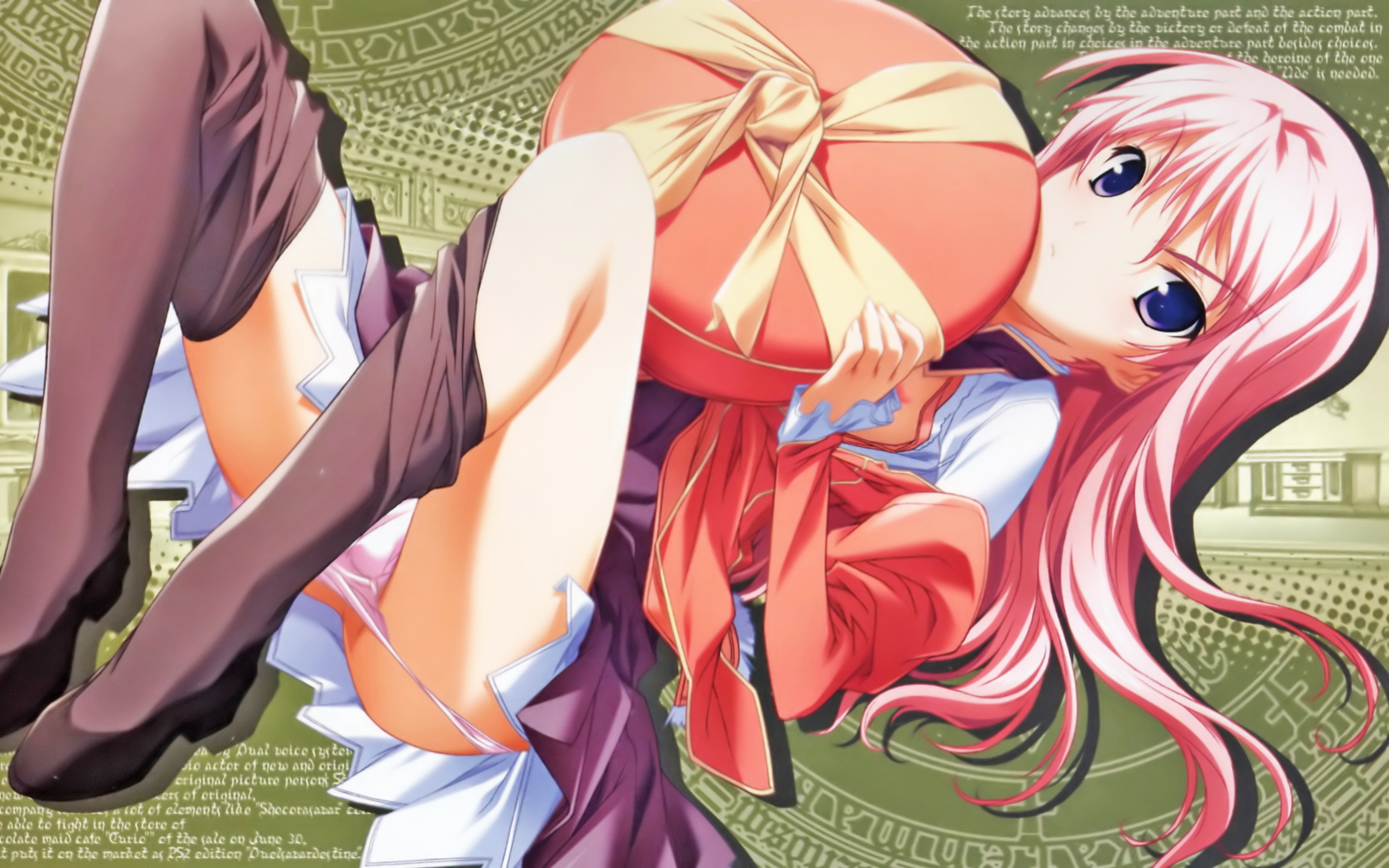 kikuchi seiji, claire (duel savior), duel savior, girl's avenue, xross scramble, highres, non-web source, 1girl, blue eyes, female focus, hat, long hair, panties, panty pull, pink hair, school uniform, serafuku, skirt, socks, solo, thighhighs, underwear, unworn hat, unworn headwear