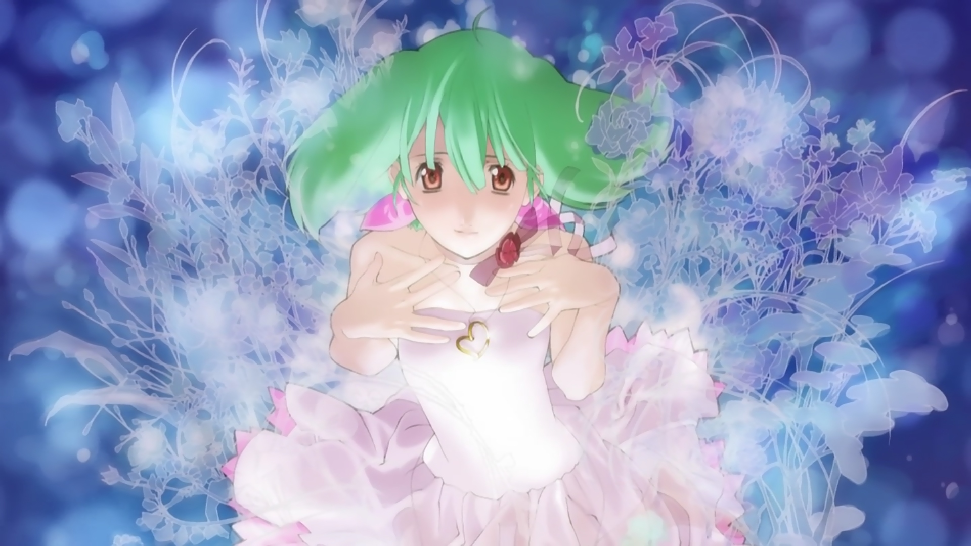 ranka lee, macross, macross frontier, anime screenshot, highres, non-web source, 00s, ahoge, green hair, jewelry, necklace, short hair, solo