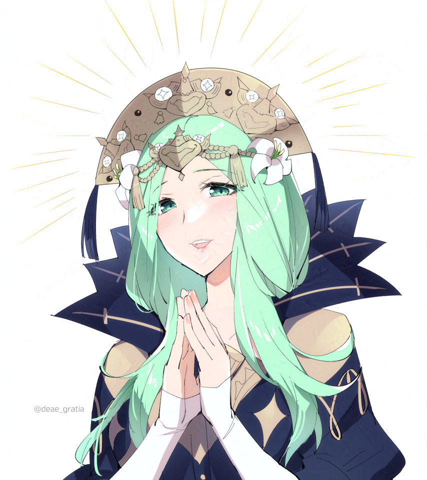 yomos gara, rhea (fire emblem), fire emblem, fire emblem: three houses, nintendo, commentary request, 1girl, blush, fingernails, flower, green eyes, green hair, hair flower, hair ornament, hat, lips, long hair, looking at viewer, own hands together, pink lips, pink nails, simple background, solo, teeth, twitter username, upper teeth only, white background, white flower, white sleeves