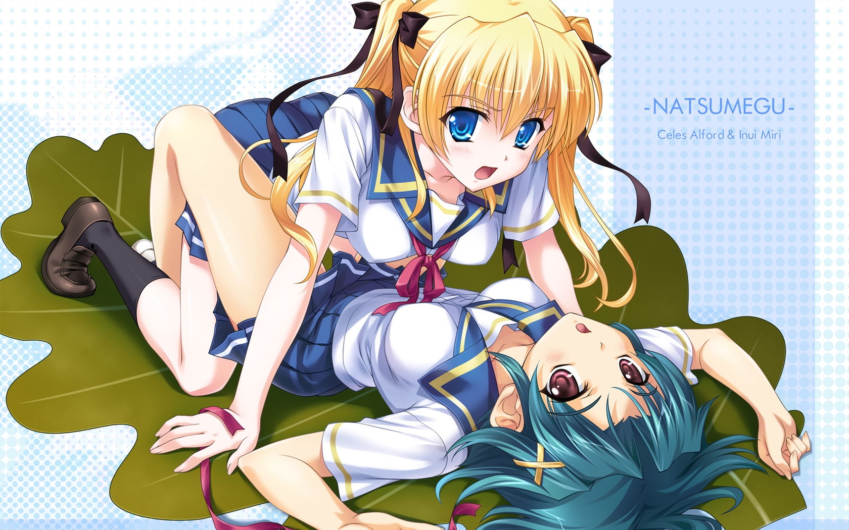 tsukasa yuuki, celes alford, inui miri, natsumegu, highres, non-web source, 2girls, aqua hair, blonde hair, blue eyes, character name, loafers, multiple girls, red eyes, ribbon, school uniform, serafuku, shoes, skirt