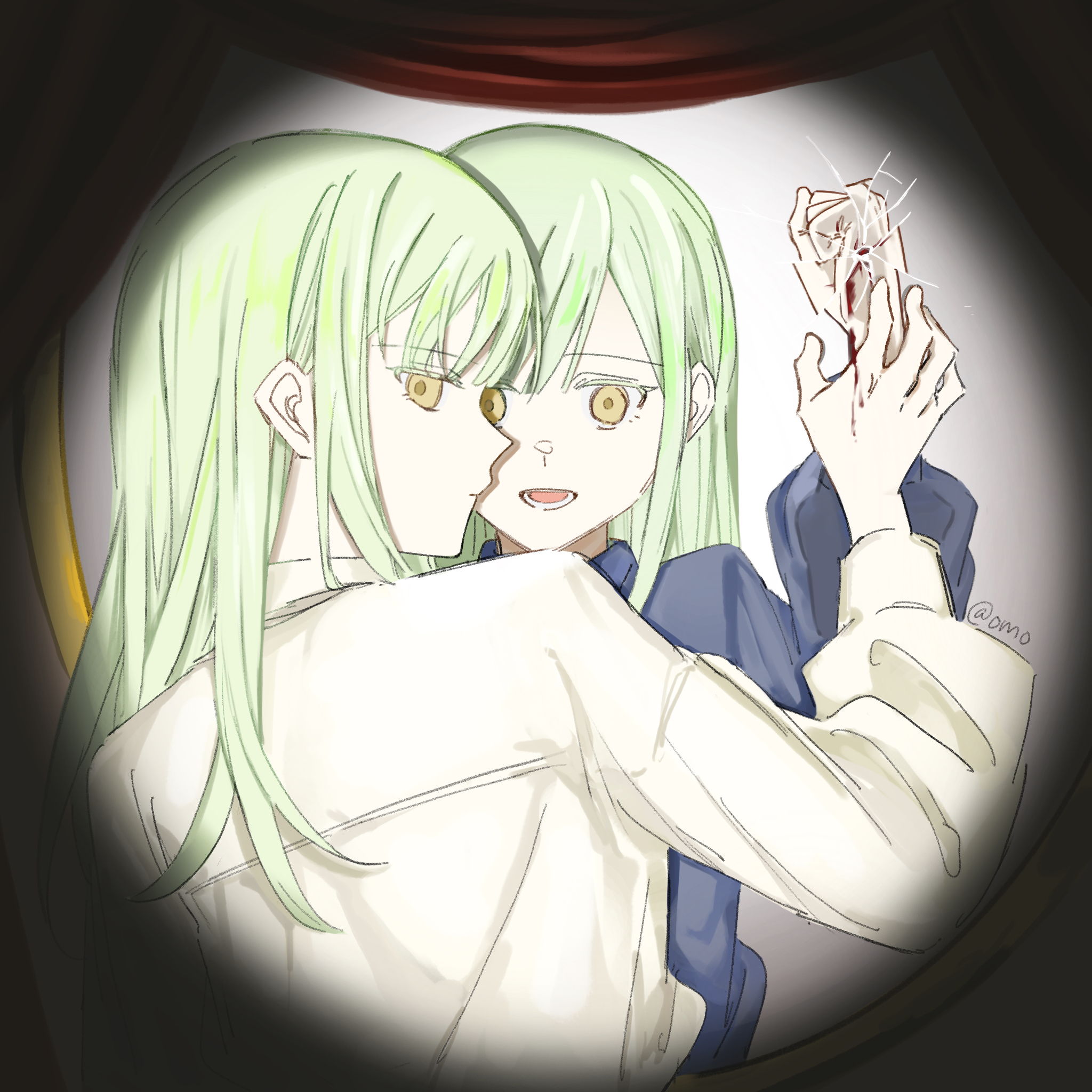 omo cccc, wakaba mutsumi, bang dream!, bang dream! it's mygo!!!!!, chinese commentary, commentary request, highres, 2girls, blood, blue shirt, broken glass, dual persona, glass, green hair, injury, long hair, long sleeves, multiple girls, open mouth, shirt, sidelocks, spotlight, teeth, white shirt, yellow eyes