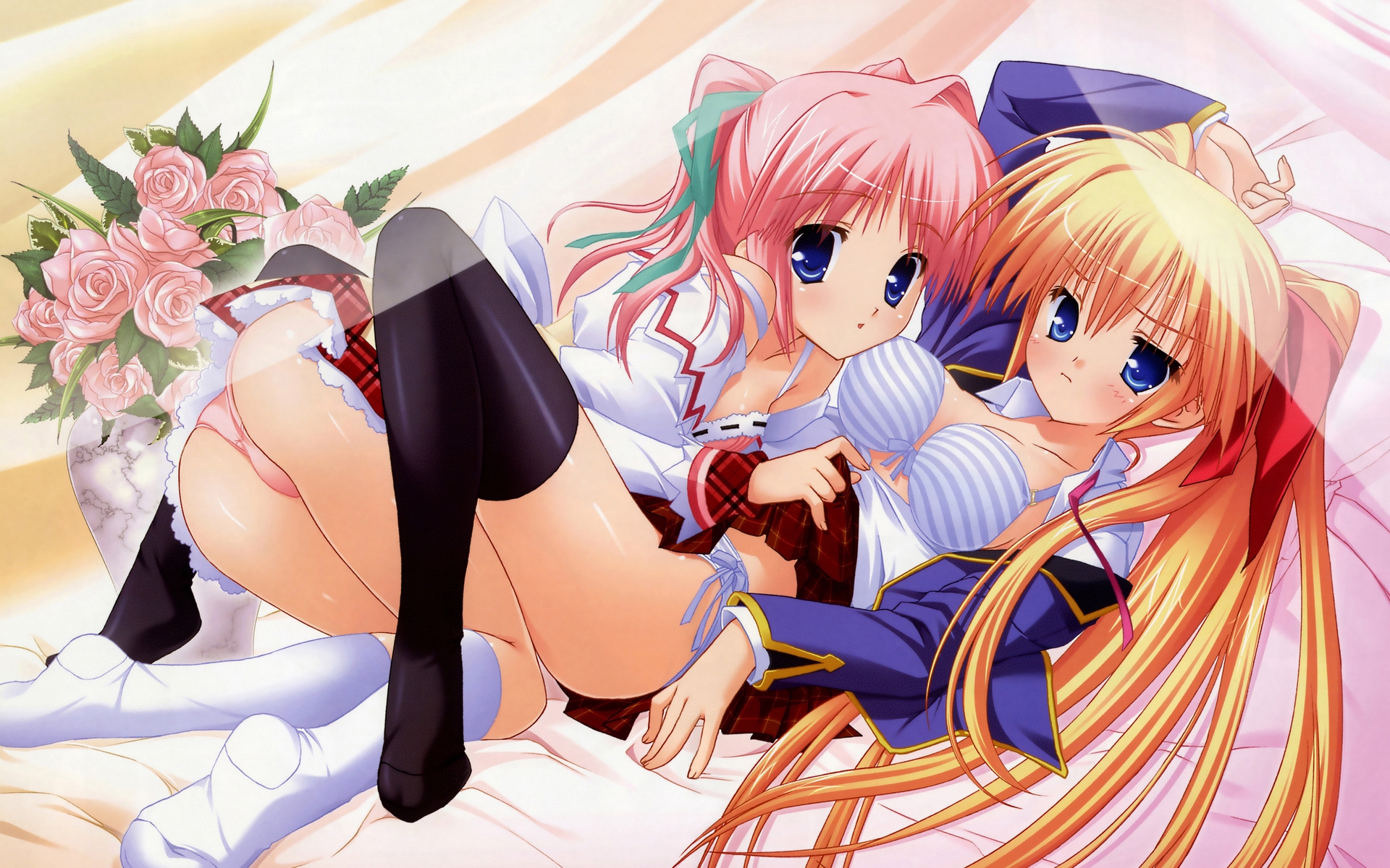 hinamatsuri touko, konishi touka, nagumo kaho, dengeki hime, dokodemo sukishite itsudemo sukishite, highres, non-web source, 2girls, ||/, ass, bed, blonde hair, blue eyes, bra, flower, lingerie, long hair, multiple girls, panties, pink hair, ribbon, rose, short hair, skirt, socks, striped bra, striped clothes, thighhighs, twintails, underwear