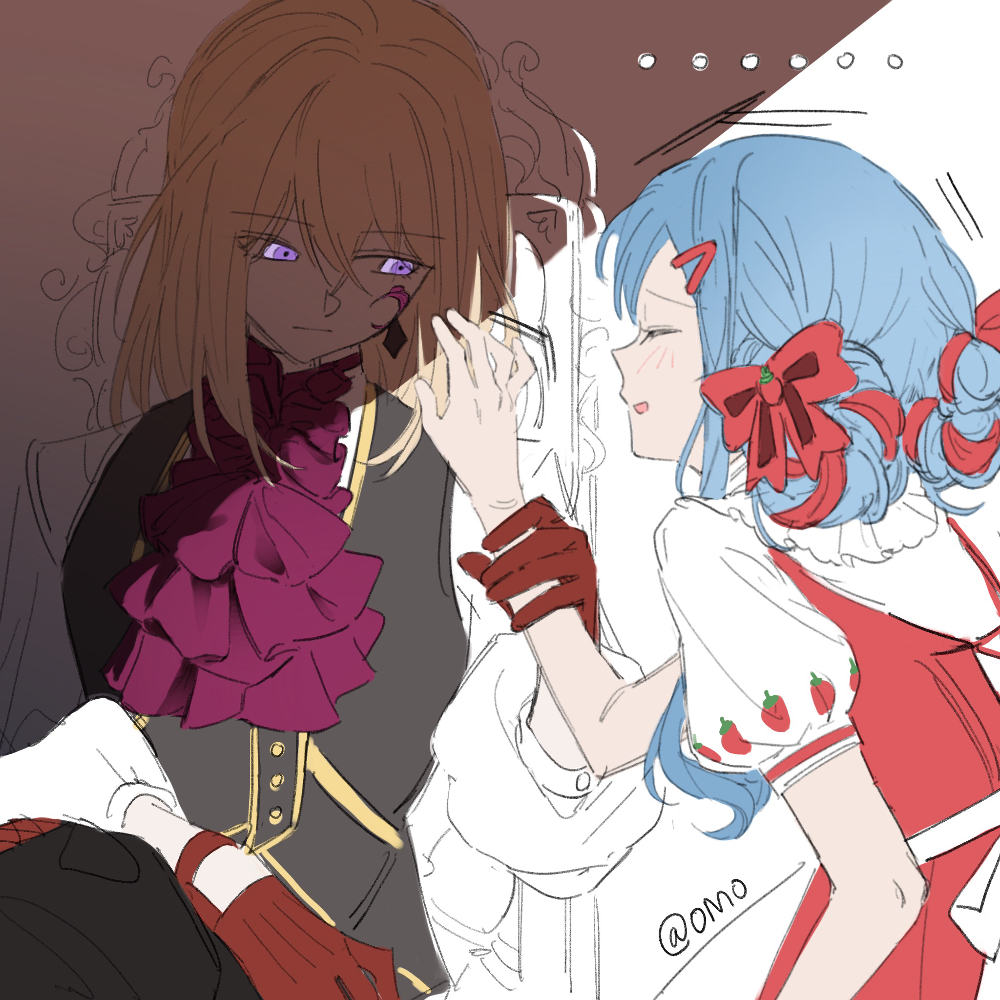 omo cccc, aver (yumenokessho), doloris (bang dream!), misumi uika, togawa sakiko, bang dream!, bang dream! it's mygo!!!!!, sweets paradise, chinese commentary, commentary request, highres, 2girls, black vest, blonde hair, blue hair, bow, facial mark, gloves, hair between eyes, hair bow, hair ornament, hairclip, medium hair, multiple girls, red bow, red gloves, short sleeves, sidelocks, vest, yumenokessho