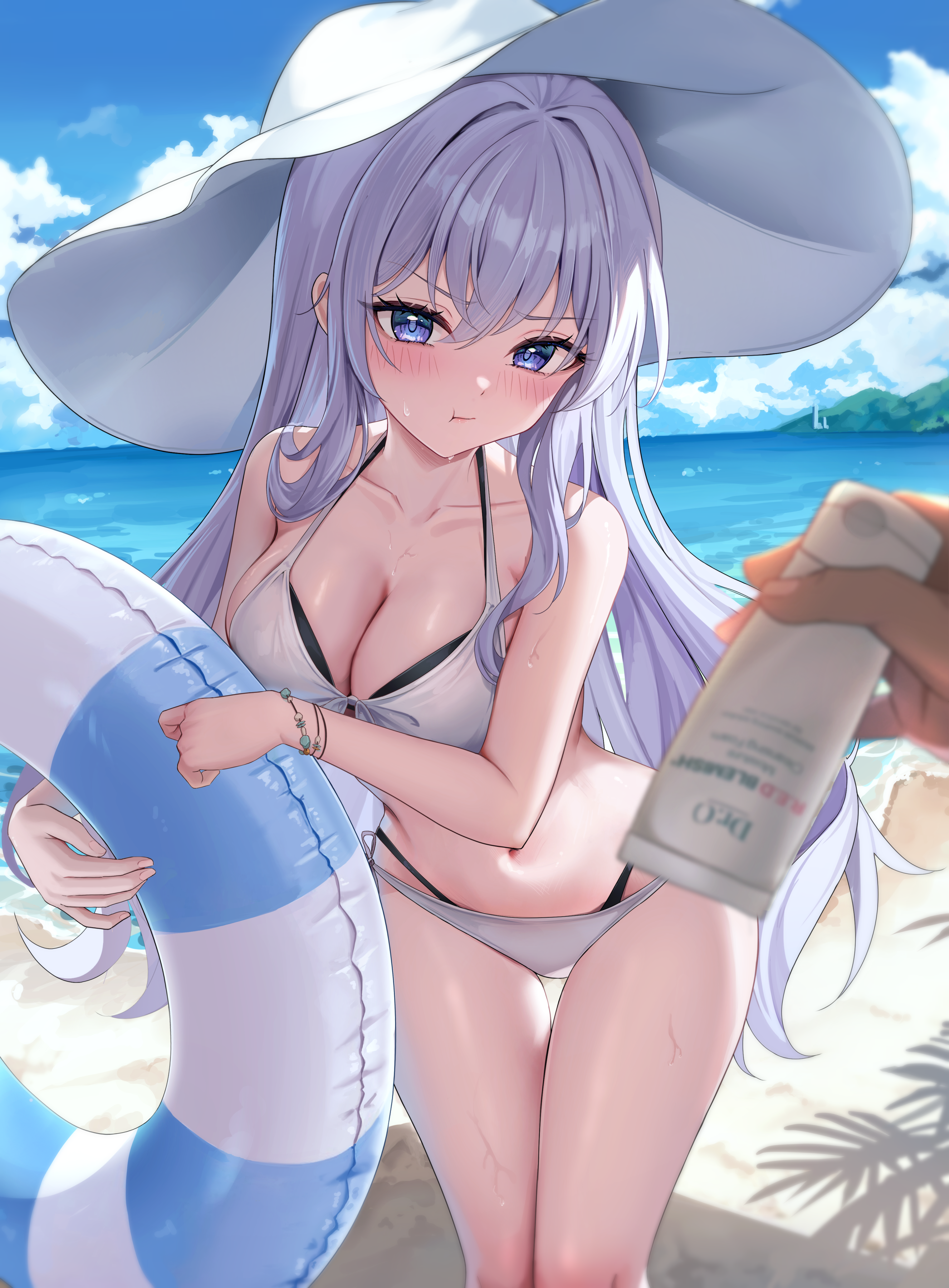 sira (user dswn7488), yuksi (yuksi), original, absurdres, commission, highres, 1girl, 1other, :t, bare shoulders, beach, bikini, black bikini, breasts, cleavage, collarbone, day, front-tie bikini top, front-tie top, halterneck, hat, holding, innertube, large breasts, layered bikini, long hair, looking at viewer, navel, outdoors, pout, pov, pov hands, purple eyes, side-tie bikini bottom, solo focus, stomach, string bikini, sun hat, swim ring, swimsuit, thigh gap, thighs, v-shaped eyebrows, very long hair, wet, white bikini, white hair, white hat