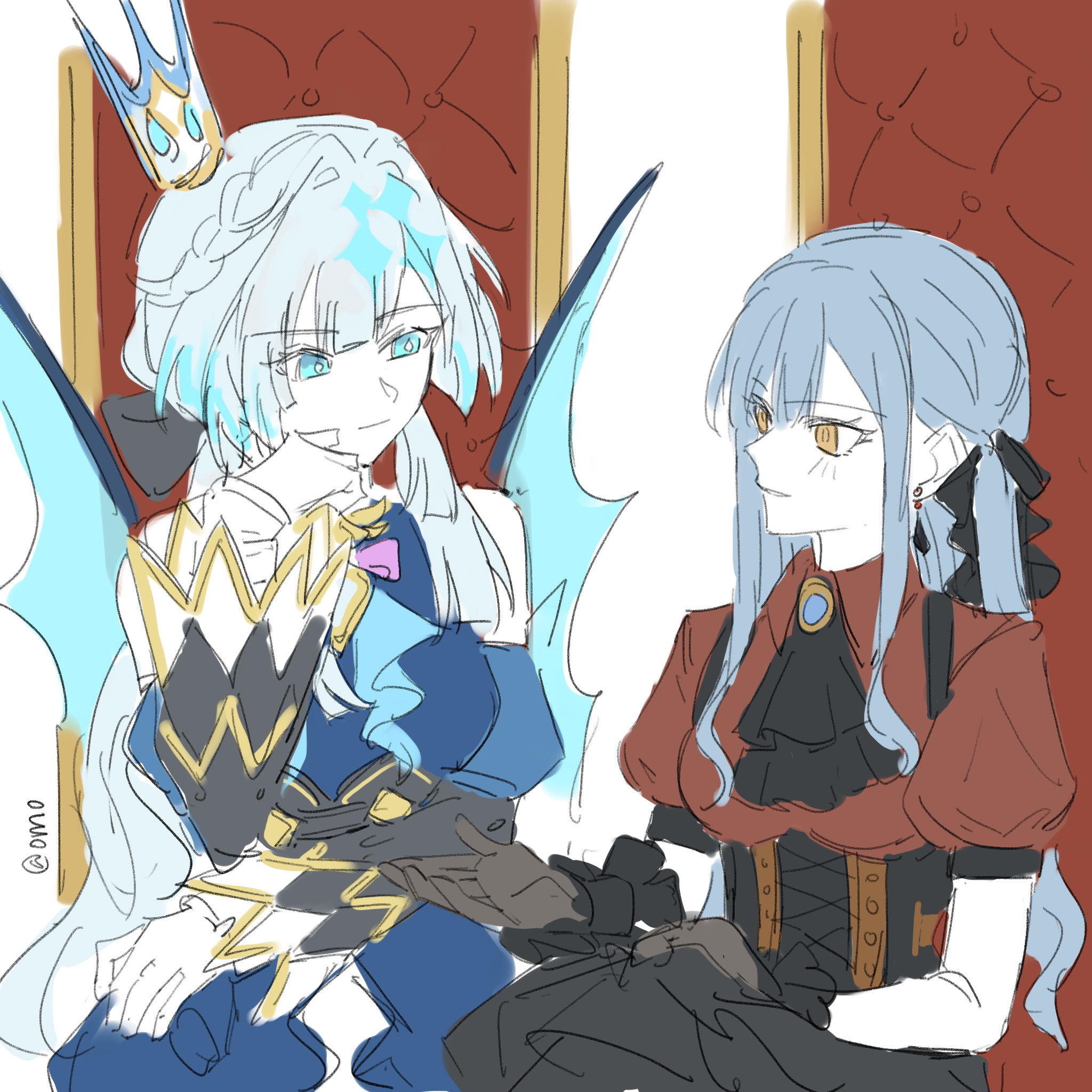 omo cccc, cerydra (honkai: star rail), oblivionis (bang dream!), togawa sakiko, bang dream!, bang dream! it's mygo!!!!!, honkai: star rail, honkai (series), chinese commentary, commentary request, highres, 2girls, ascot, black ascot, black corset, black gloves, blue eyes, blue hair, corset, crown, gloves, long hair, long sleeves, multiple girls, open mouth, red shirt, shirt, short hair, short sleeves, sidelocks, voice actor connection, yellow eyes