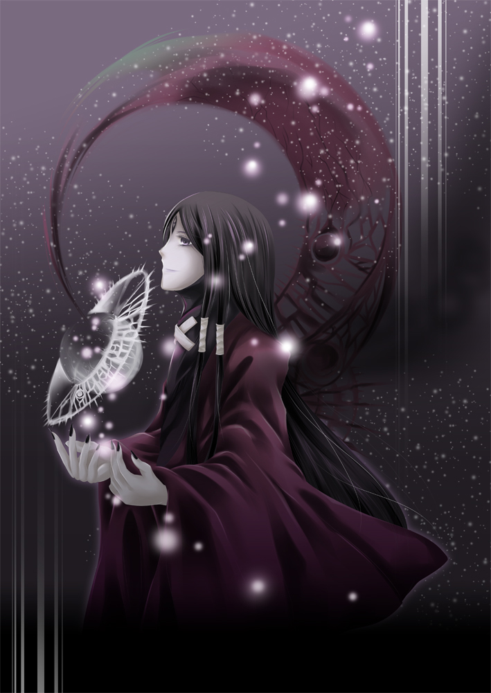 tatsume (miropiyo), thanatos (persona), thanatos (sound horizon), moira, sound horizon, 1boy, black nails, crescent moon, dust, hair tubes, jewelry, long hair, looking up, male focus, moon, nail polish, pale skin, planet, profile, ring, sidelocks, smile, solo, surreal, very long hair, wide sleeves