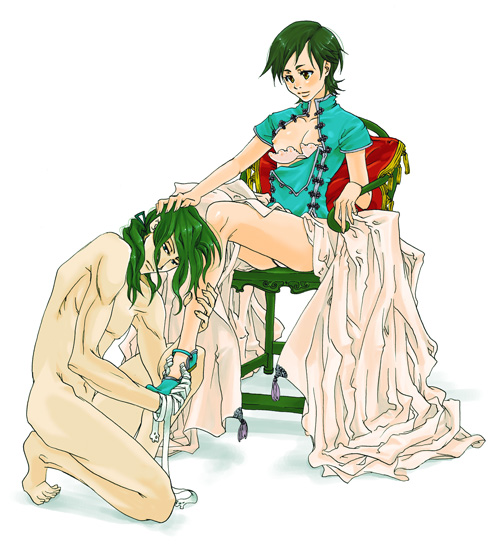 hagi (blood+), otonashi saya, blood+, 00s, 1boy, 1girl, bandages, bed sheet, black hair, blush, bra, breasts, brown eyes, chair, china dress, chinese clothes, cleavage, clothed female nude male, couple, cushion, dress, feet, femdom, foot worship, green hair, hand on another's head, hetero, kneeling, leg grab, lingerie, long hair, nude, open clothes, ponytail, short hair, sidelocks, small breasts, underwear, vampire