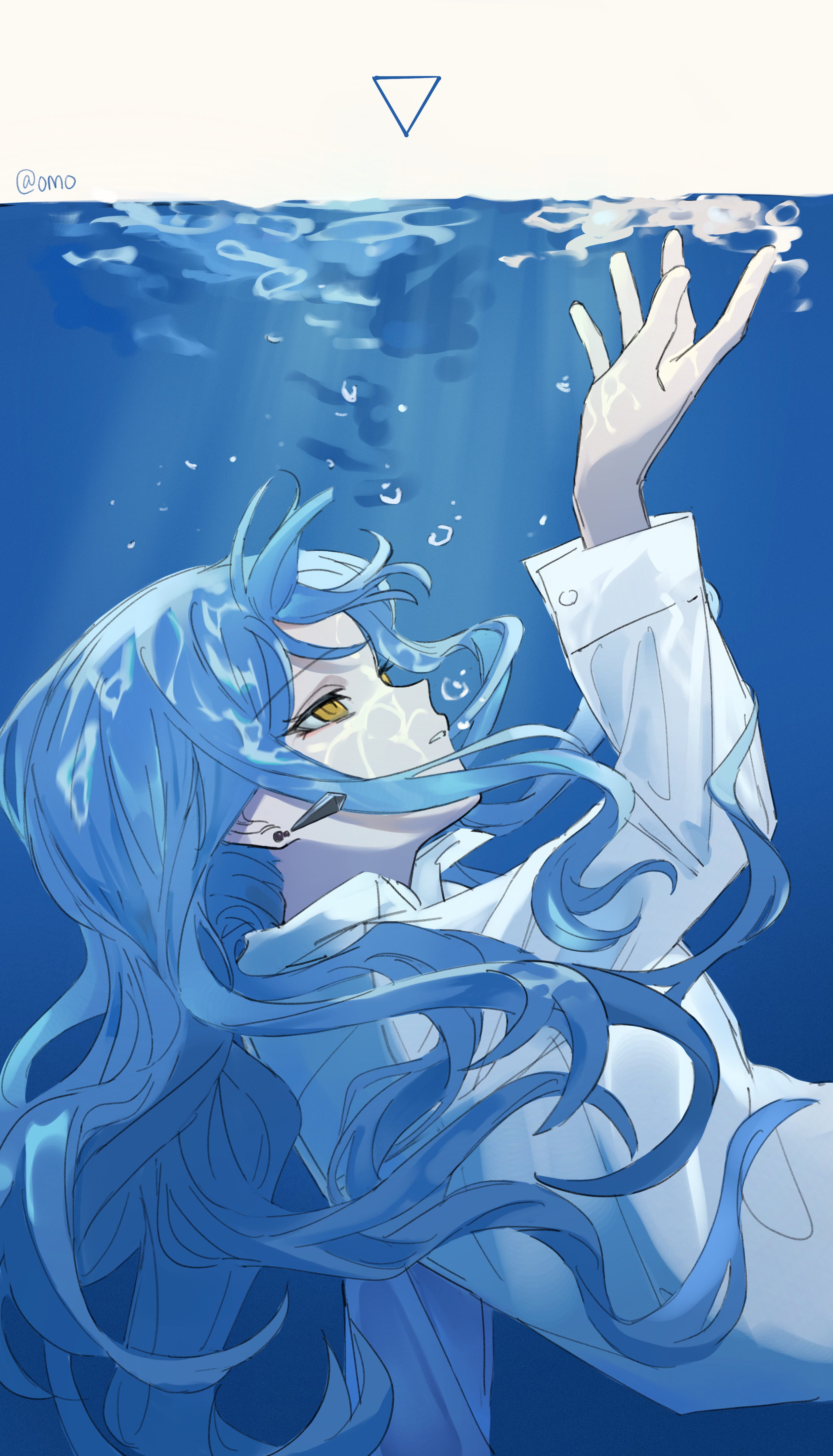 omo cccc, togawa sakiko, bang dream!, bang dream! it's mygo!!!!!, absurdres, chinese commentary, commentary request, highres, 1girl, air bubble, blue hair, bubble, elemental water symbol, long hair, long sleeves, open mouth, shirt, sidelocks, solo, song name, underwater, white shirt, yellow eyes