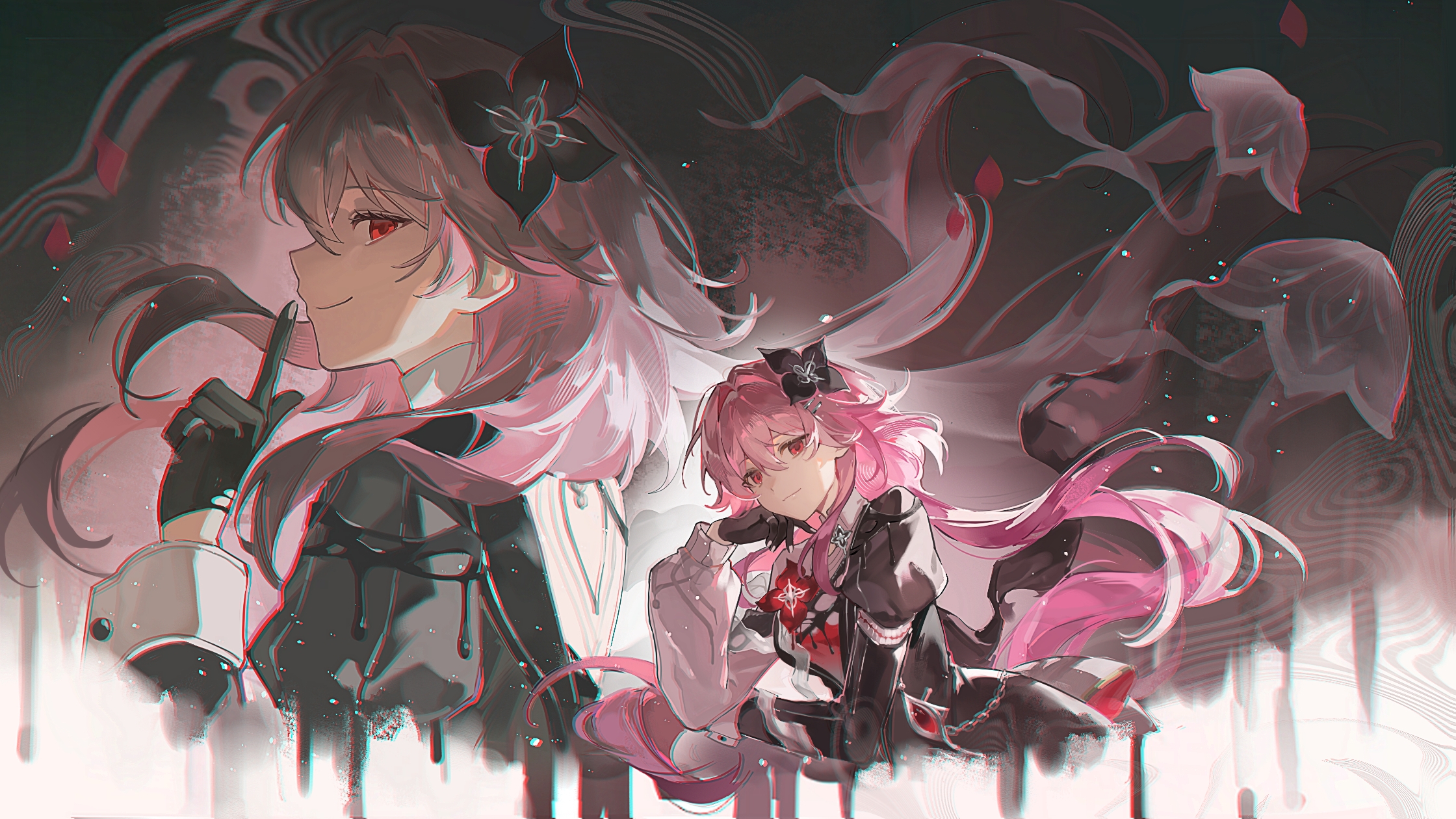 huz (a1438758295), evernight (honkai: star rail), march 7th (honkai: star rail), honkai: star rail, honkai (series), highres, 1girl, asymmetrical sleeves, black dress, black flower, black gloves, closed mouth, dress, finger to mouth, floating hair, flower, gloves, hair between eyes, hair ornament, index finger raised, long hair, long sleeves, looking at viewer, mismatched sleeves, multiple views, pink hair, red eyes, shushing, smile