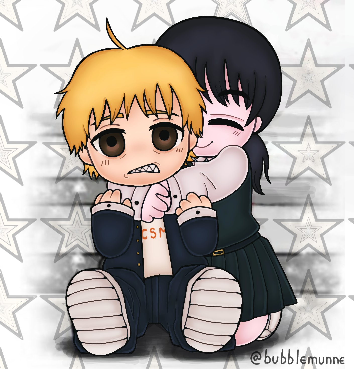 bubblemunne, denji (chainsaw man), mitaka asa, chainsaw man, commentary, derivative work, highres, 1boy, 1girl, ahoge, black dress, blonde hair, brown eyes, chibi, clenched teeth, dress, eyebrows hidden by hair, fourth east high school uniform, gakuran, hug, hug from behind, kneeling, pinafore dress, school uniform, sharp teeth, sitting, sleeveless, sleeveless dress, star (symbol), teeth, twitter username