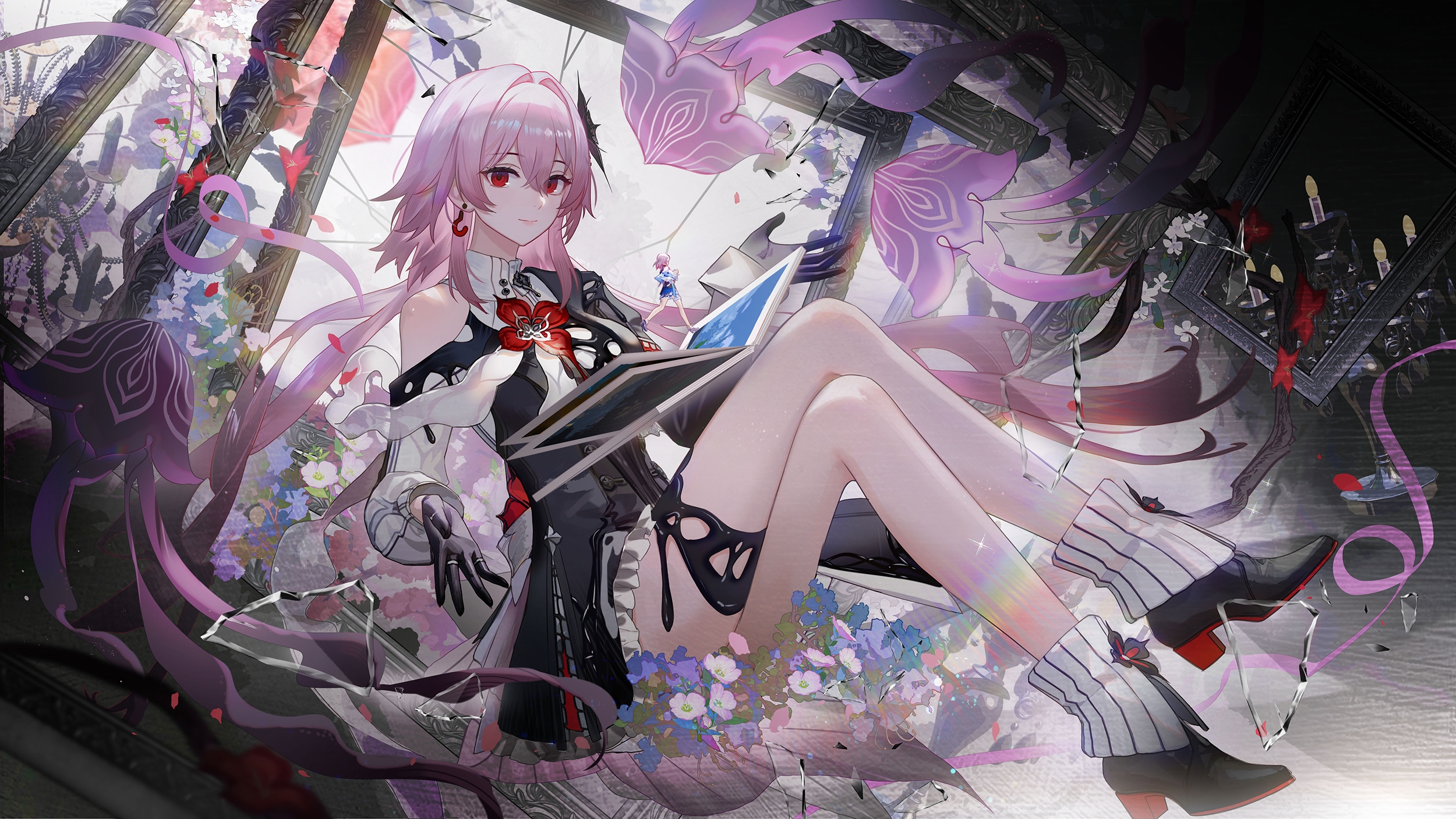 zuozhan xing59, evernight (honkai: star rail), march 7th (honkai: star rail), march 7th (preservation) (honkai: star rail), honkai: star rail, honkai (series), highres, 1girl, black boots, black dress, black gloves, book, boots, crossed legs, dress, floating hair, full body, gloves, long hair, long sleeves, looking at viewer, official alternate costume, official alternate eye color, official alternate hair length, official alternate hairstyle, open book, pink hair, red eyes, single bare shoulder, sitting, solo, very long hair