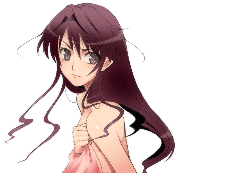 hairu, 1girl, bare shoulders, bed sheet, brown eyes, brown hair, covering privates, female focus, long hair, naked sheet, naked towel, purple eyes, purple hair, solo, towel