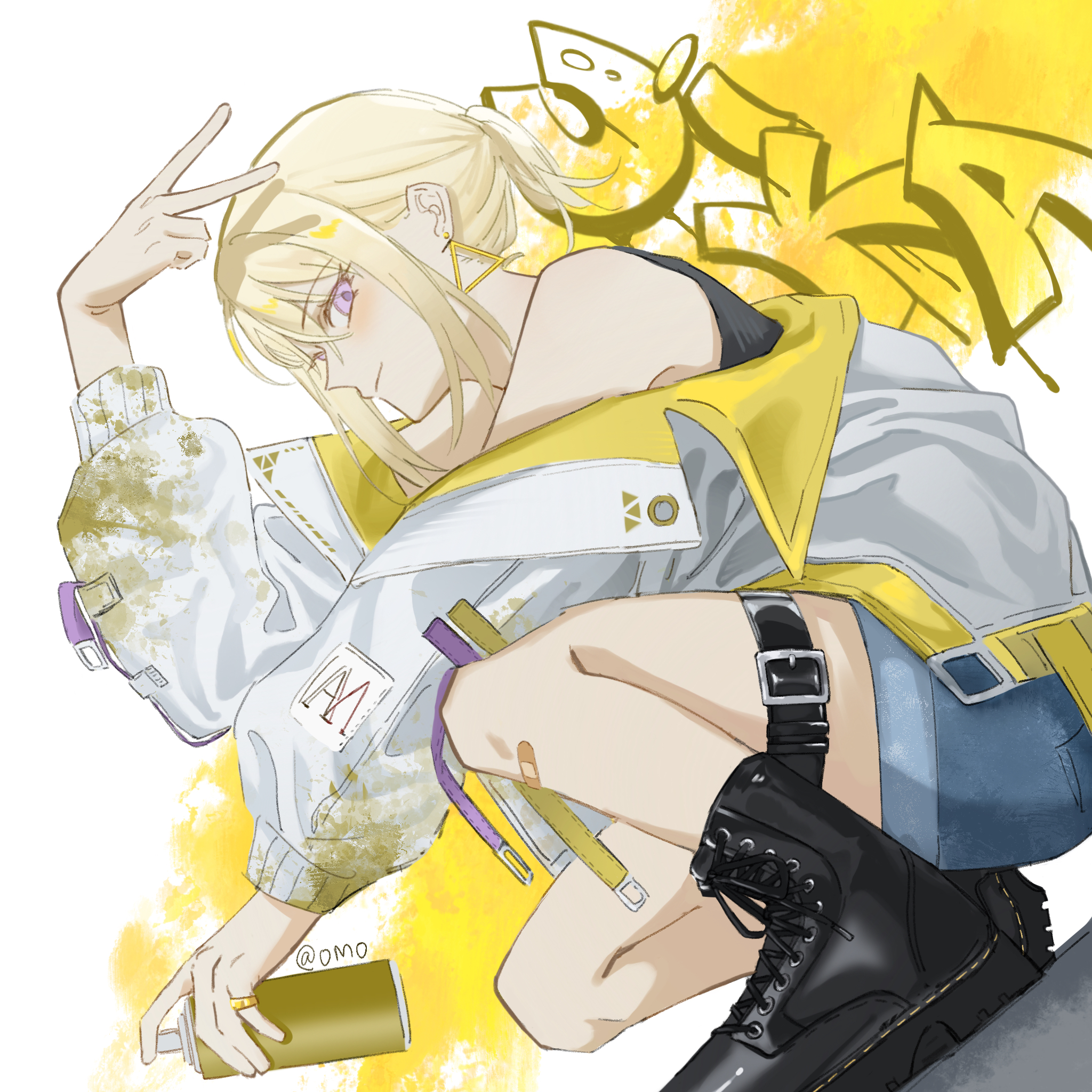 omo cccc, misumi uika, bang dream!, bang dream! it's mygo!!!!!, chinese commentary, commentary request, highres, 1girl, black boots, black shirt, blonde hair, boots, earrings, graffiti, jacket, jewelry, looking at viewer, off shoulder, paint on clothes, ponytail, purple eyes, ring, shirt, short ponytail, sidelocks, solo, spray paint, squatting, thigh strap, v, white jacket