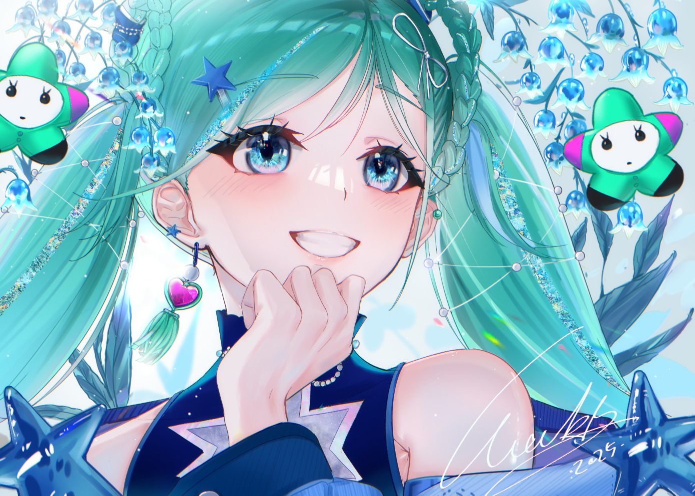 hatsune miku, magical mirai miku, magical mirai miku (2025), magical mirai (vocaloid), vocaloid, 1girl, aqua hair, armpit crease, blue eyes, blush, braid, braided hair rings, crop top, earrings, hair ornament, hair rings, heart, heart earrings, jewelry, long hair, naki dy655, official alternate costume, official alternate hairstyle, parted lips, single earring, smile, solo, star (symbol), star hair ornament, teeth, twintails, upper body, very long hair